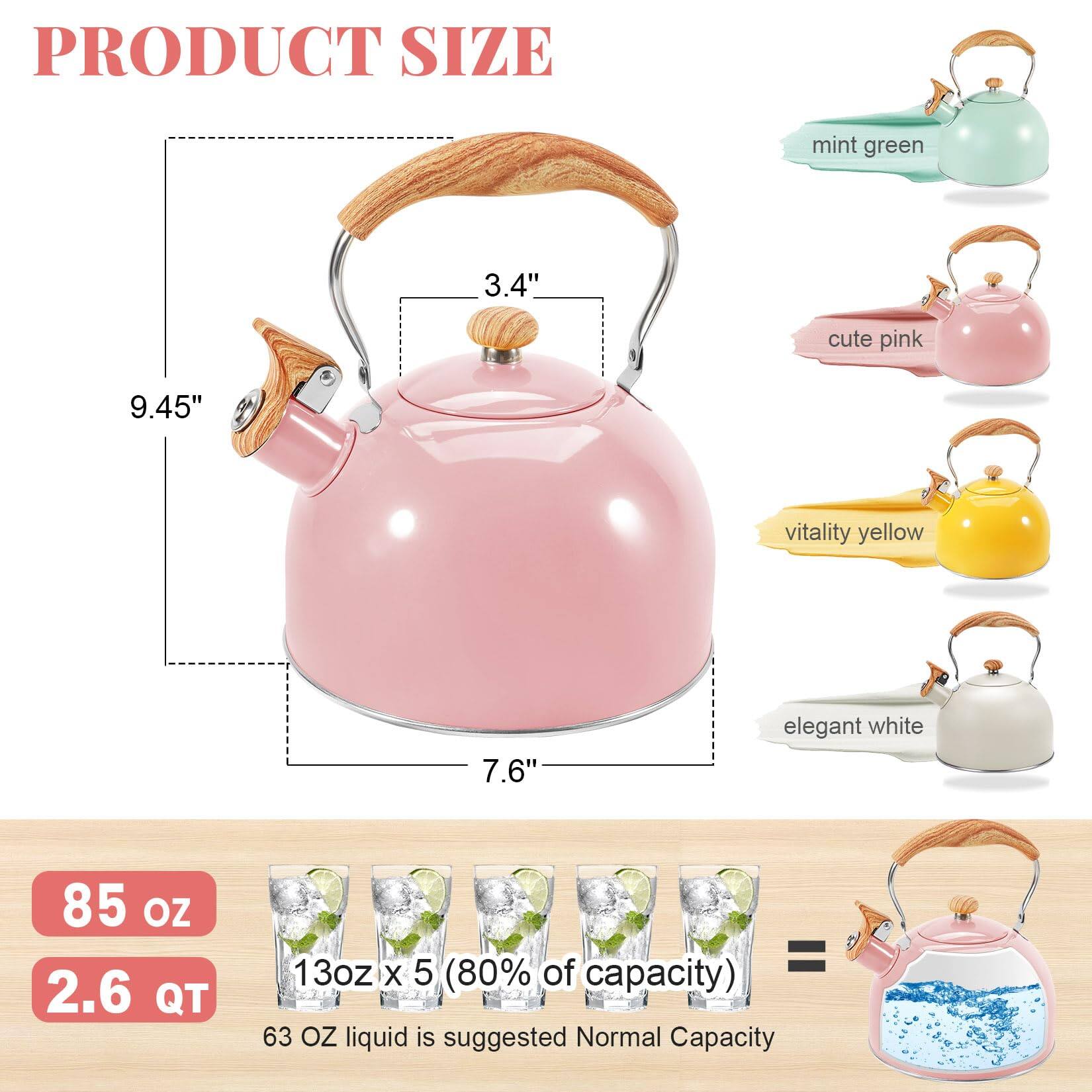 **PRODUCT SIZE**

- **mint green**
- **cute pink**
- **vitality yellow**
- **elegant white**

**Dimensions:**
- Height: 9.45"
- Width: 7.6"
- Spout Height: 3.4"

**Capacity:**
- 85 oz
- 2.6 QT

**Usage:**
- 13 oz x 5 (80% of capacity) = 63 oz liquid is suggested Normal Capacity