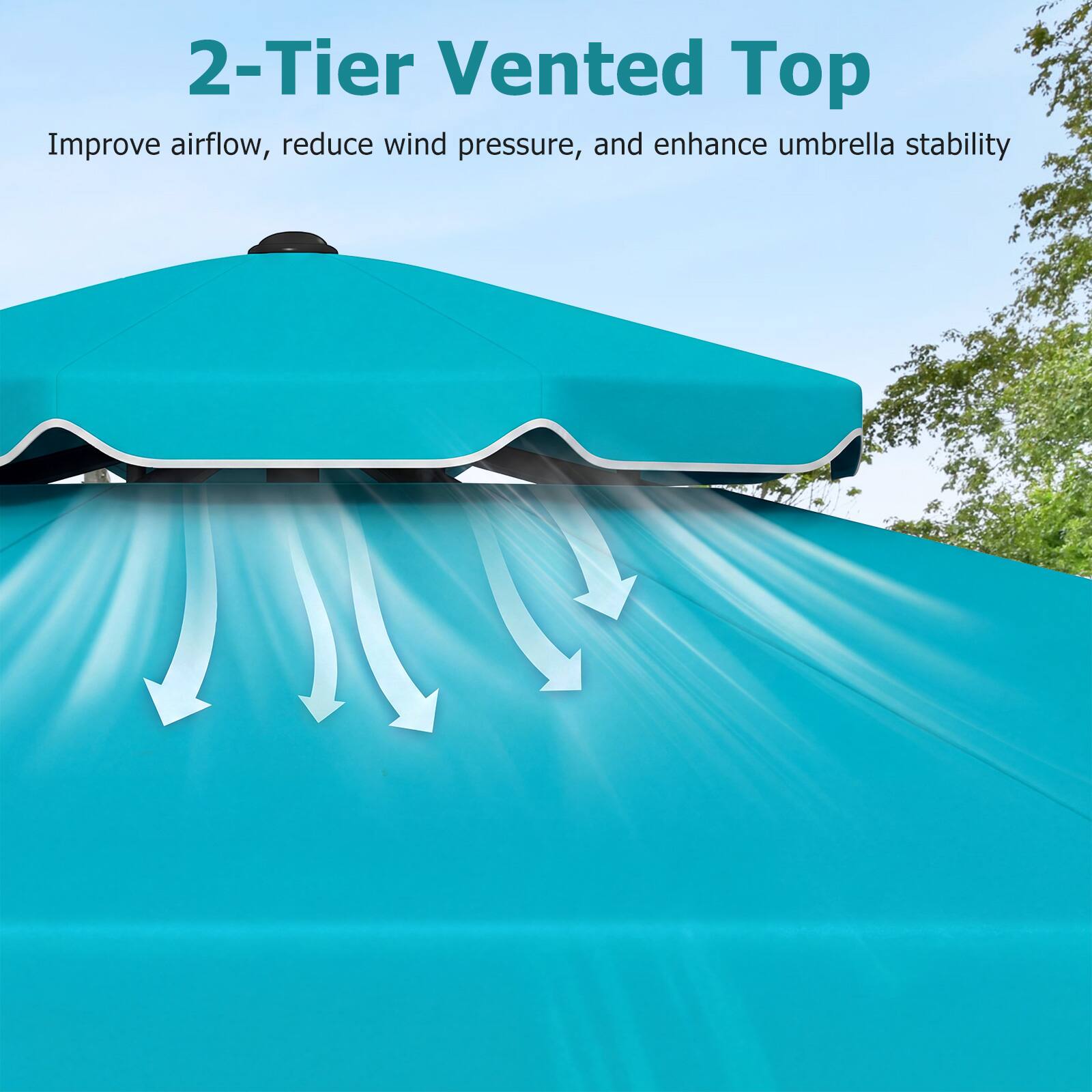 2-Tier Vented Top  
Improve airflow, reduce wind pressure, and enhance umbrella stability