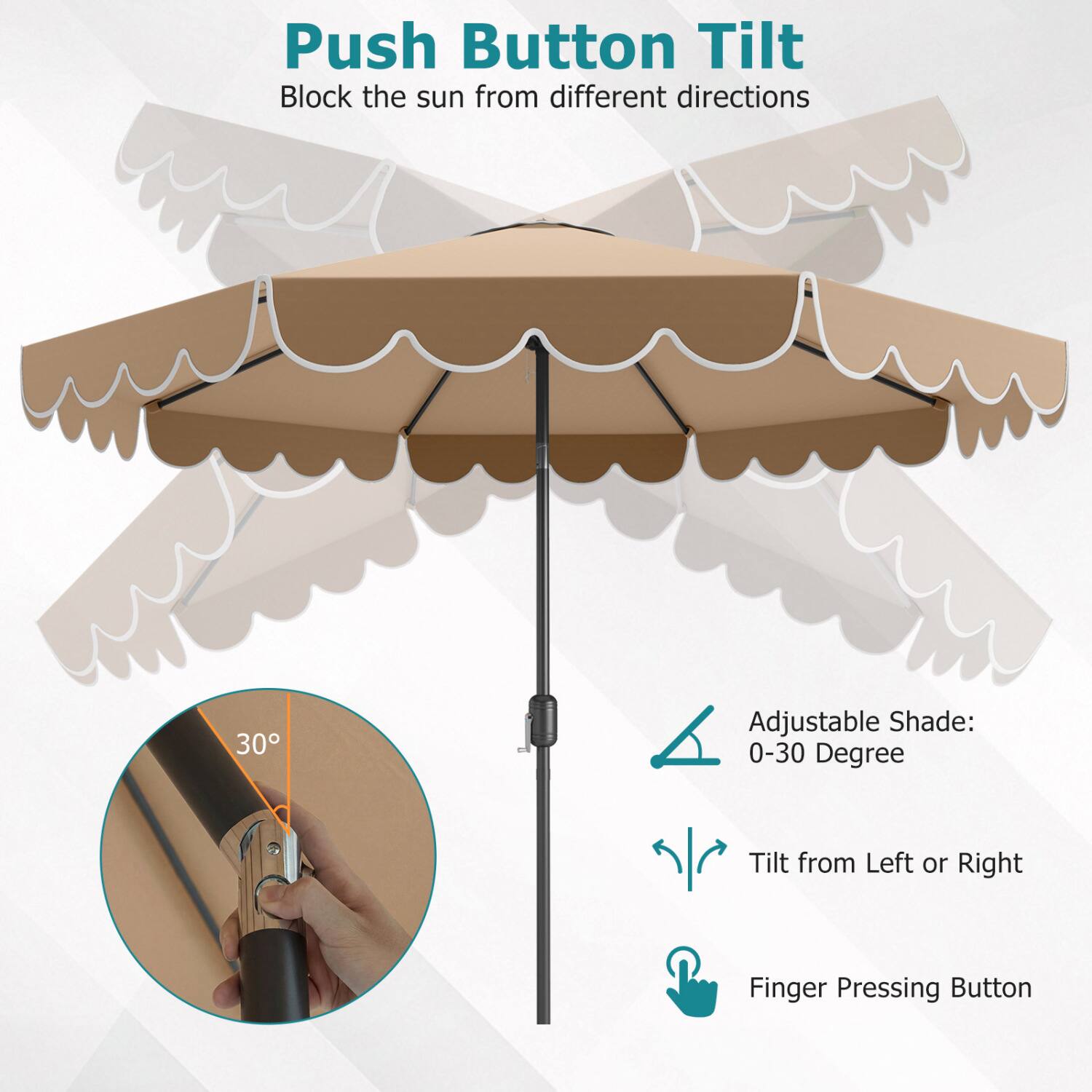 Push Button Tilt  
Block the sun from different directions  

Adjustable Shade: 0-30 Degree  
Tilt from Left or Right  
Finger Pressing Button