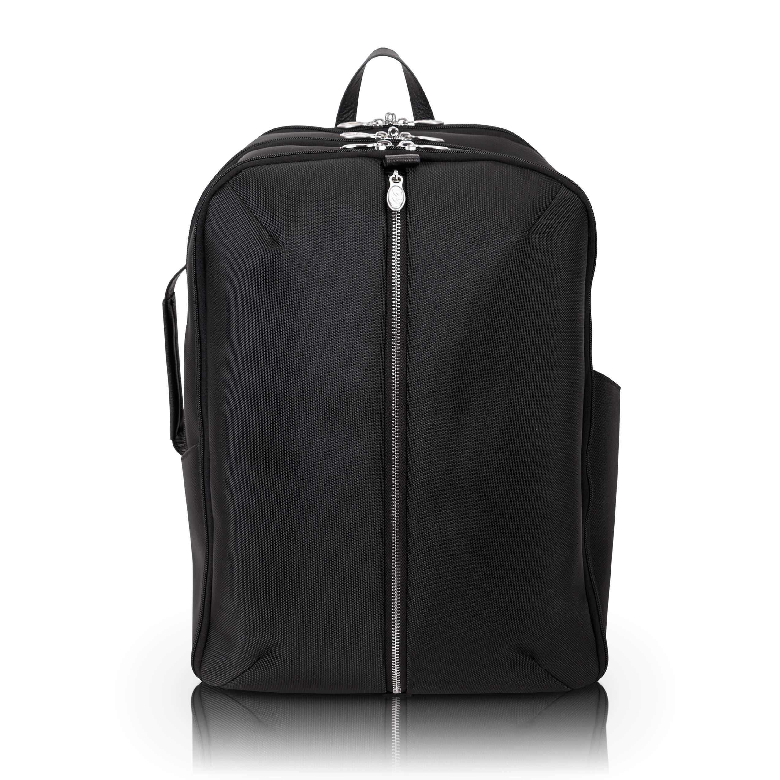 Front. McKlein - 17" Laptop Backpack, 1680D Ballistic Nylon Leather Trim, Triple Compartment, Laptop & Tablet Sleeves - Black.