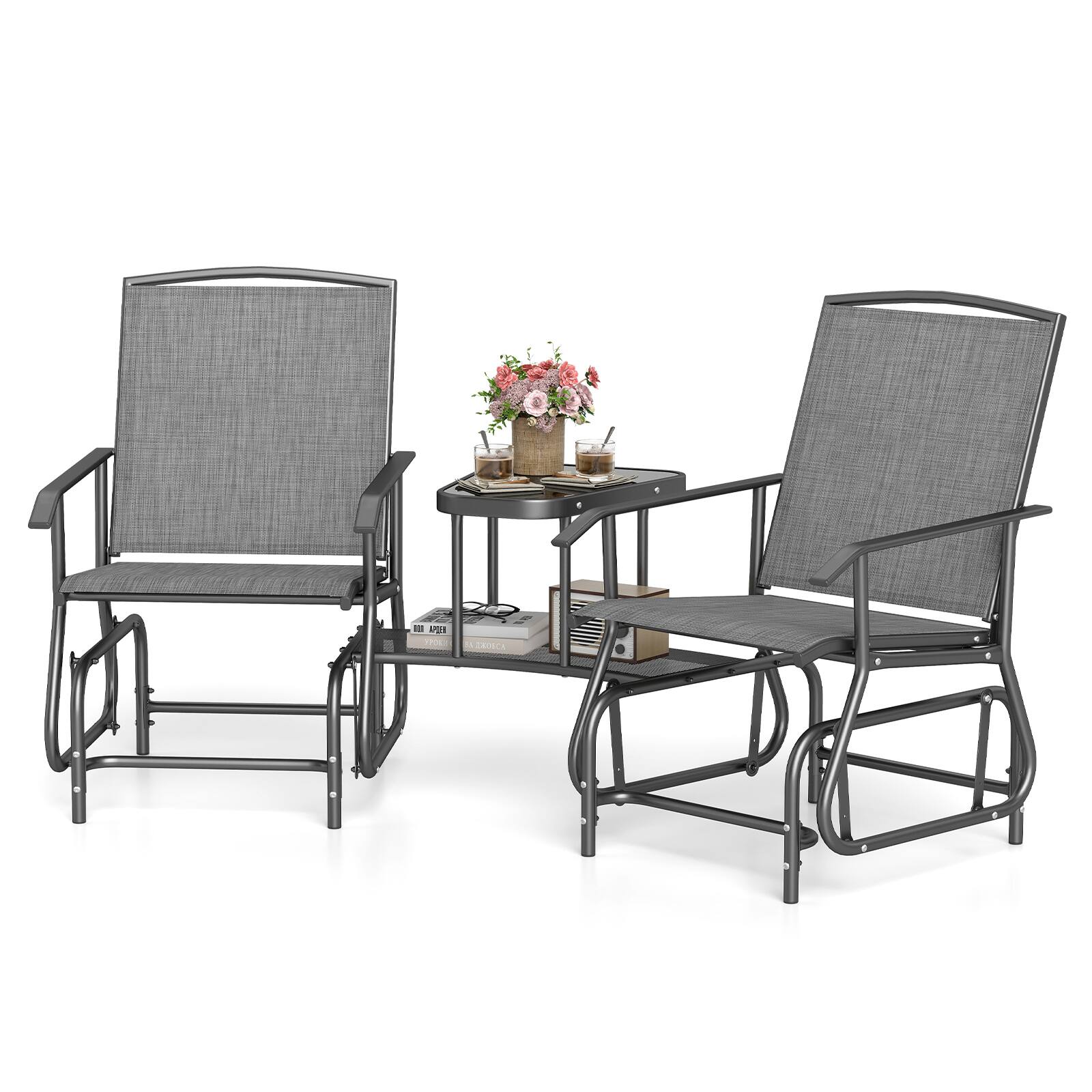 Alt View 1. Costway - Costway 2-Seater Outdoor Glider Bench with 2-Tier Center Table, Breathable Mesh Fabric Seat - Gray.