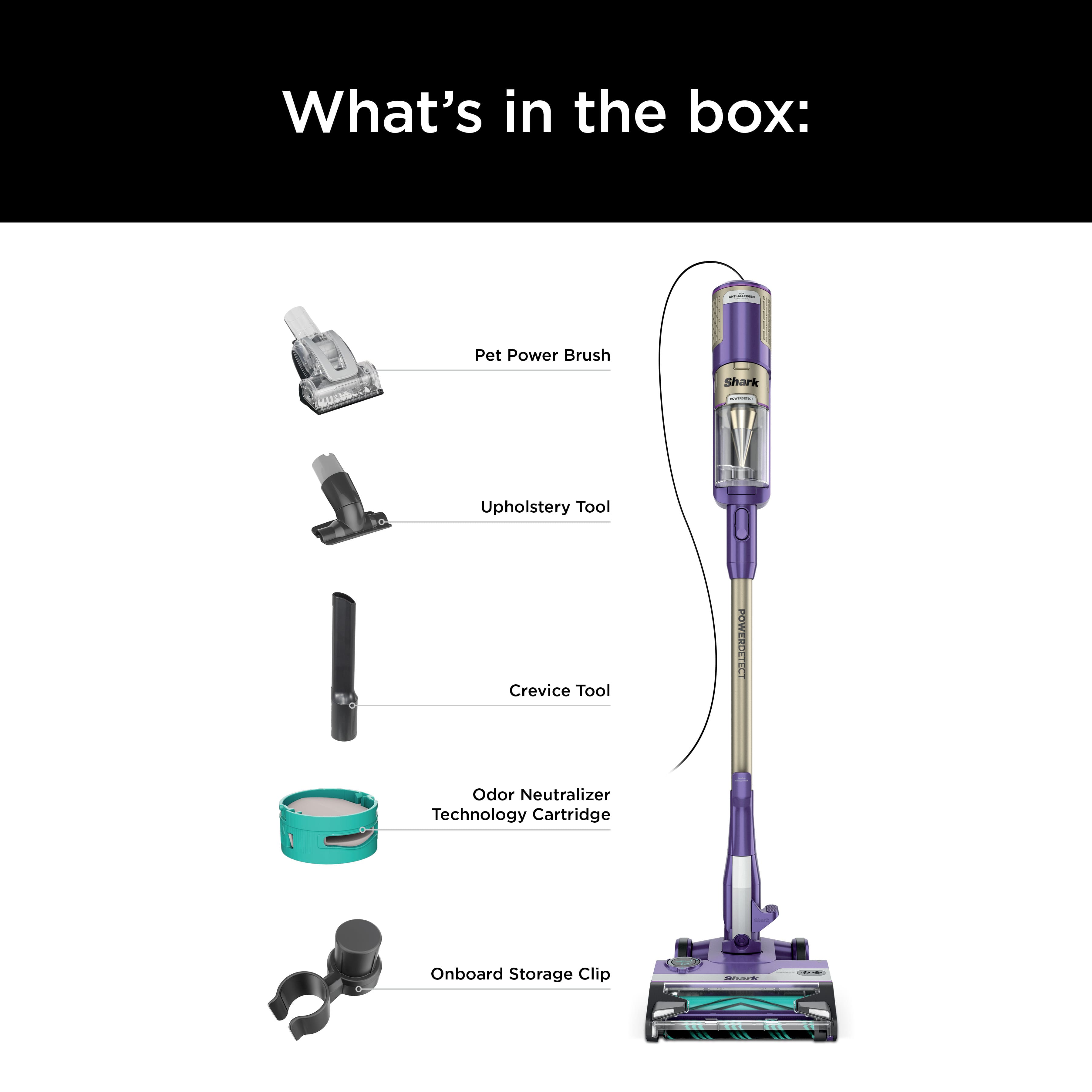 What's in the box: Pet Power Brush, Shark Upholstery Tool, Crevice Tool, POWERIETNL Odor Neutralizer Technology Cartridge, Onboard Storage Clip.