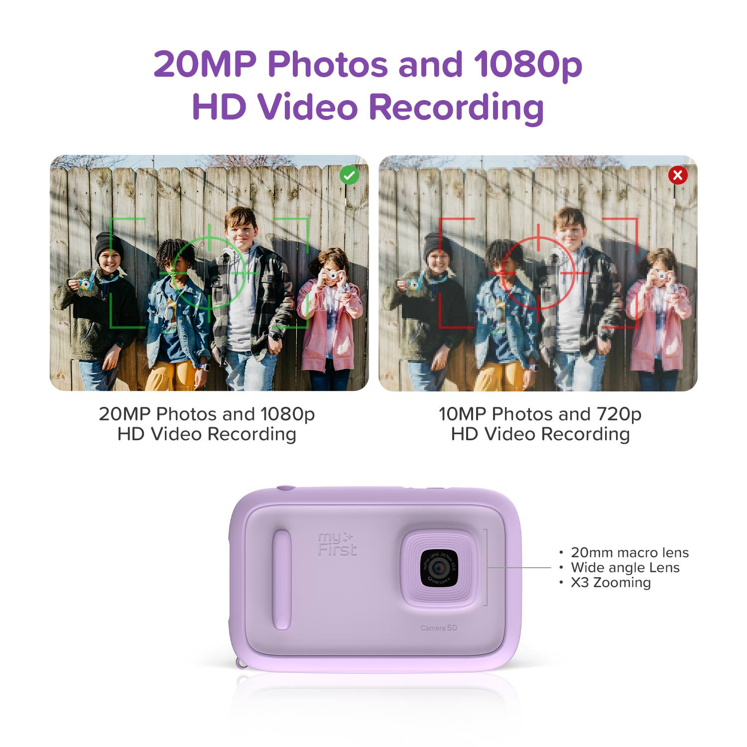 20MP Photos and 1080p HD Video Recording

20MP Photos and 1080p HD Video Recording

10MP Photos and 720p HD Video Recording

- 20mm macro lens
- Wide angle Lens
- X3 Zooming