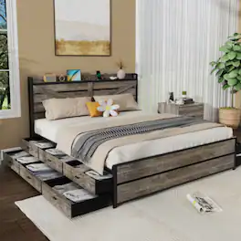 LUCKY ONE - King Size Bed Frame with Storage Headboard, 12 Drawers, USB Charging Station, All-Metal Support, No Box Spring Needed - Oak