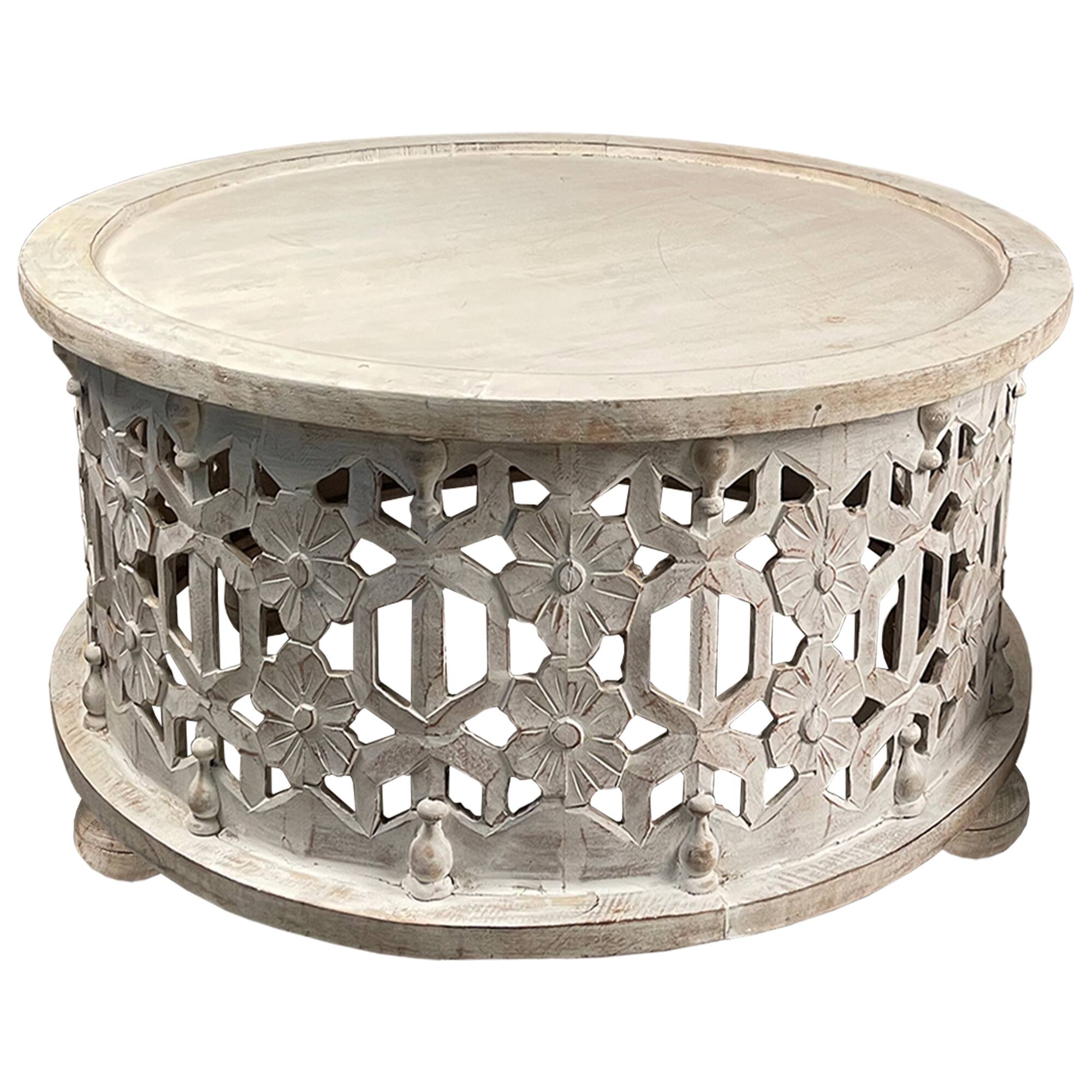 Alt View 3. Manhattan Lane - 30 Inch Round 2 Piece Wood Coffee Table Set, Carved Floral Design - White.