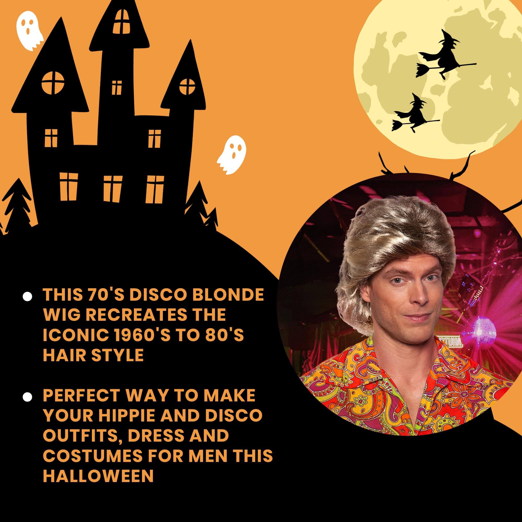 THIS 70'S DISCO BLONDE WIG RECREATES THE ICONIC 1960'S TO 80'S HAIR STYLE

PERFECT WAY TO MAKE YOUR HIPPIE AND DISCO OUTFITS, DRESS AND COSTUMES FOR MEN THIS HALLOWEEN