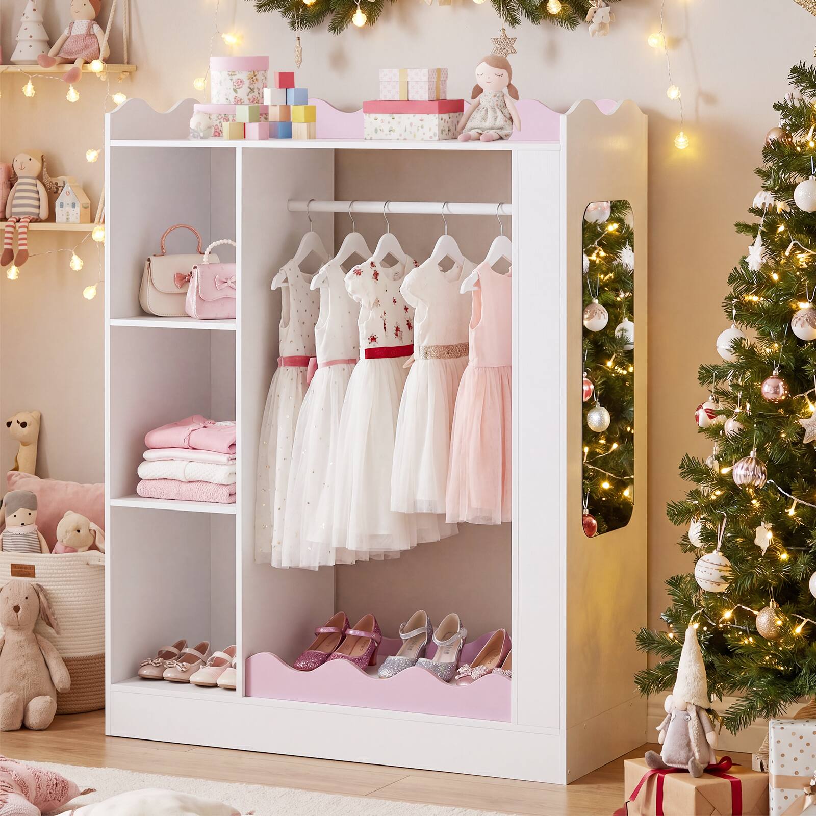 Alt View 5. Costway - Costway Kids Dress Up Storage with Mirrors, Children Wardrobe Closet with Open Hanging Rack - Pink.