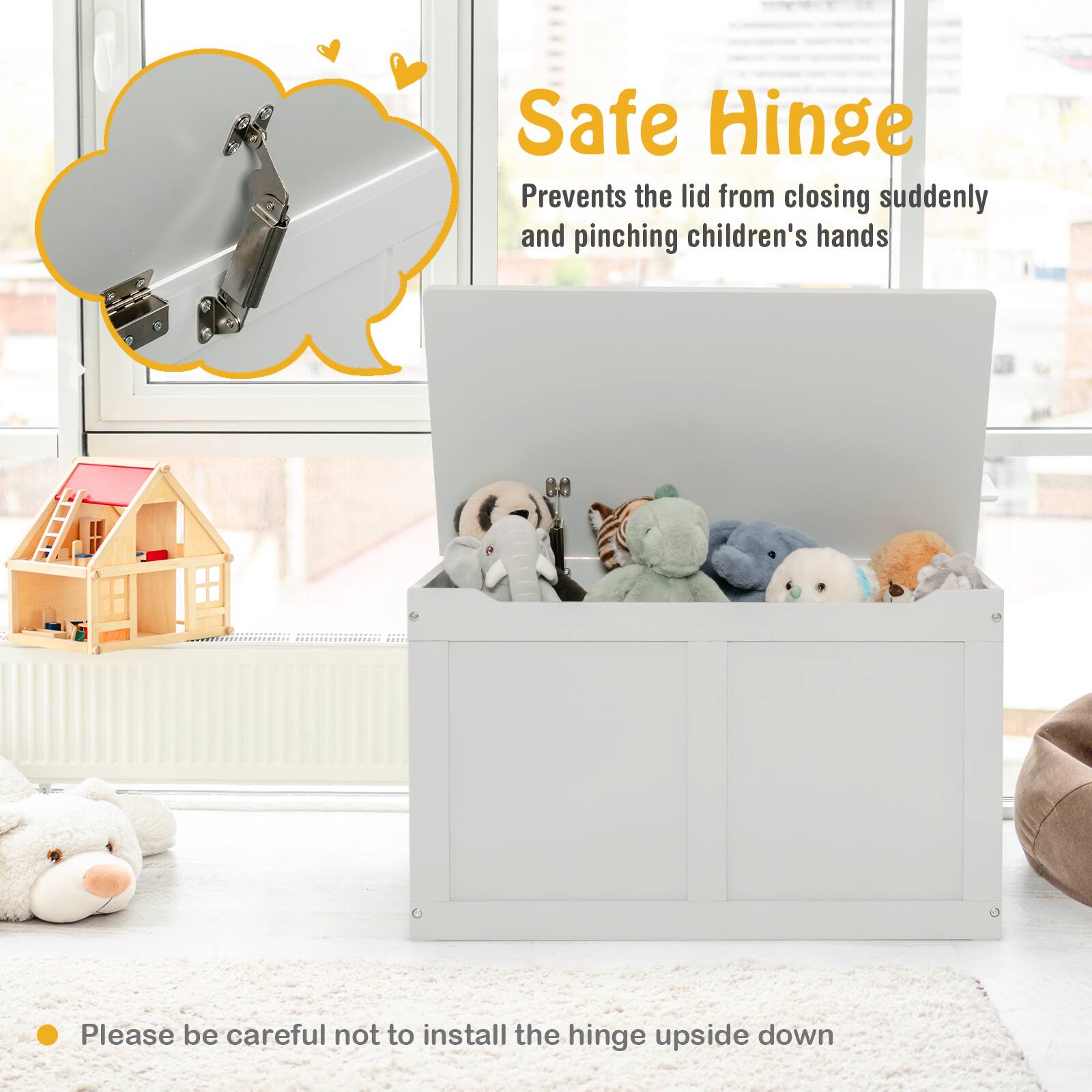 Safe Hinge  
Prevents the lid from closing suddenly and pinching children's hands  

Please be careful not to install the hinge upside down