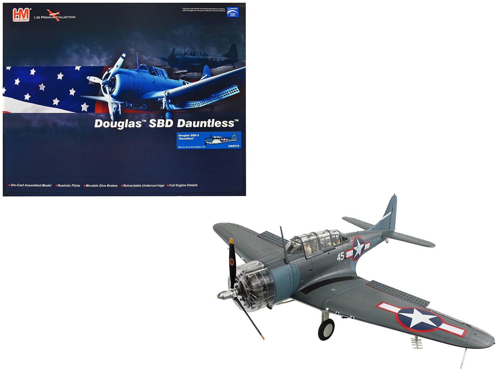 Sure, here is the corrected and grouped text from the image:
---
**HM 1:32 Premium Collection**
**Douglas™ SBD Dauntless™**
- Die-Cast Assembled Model
- Realistic Pilots
- Movable Dive Brakes
- Retractable Undercarriage
- Full Engine Details
**Douglas SBD-5**
**USS Enterprise**
**1941**
**NA0215**
---
This text is organized to reflect the details and features of the model kit as shown on the packaging.