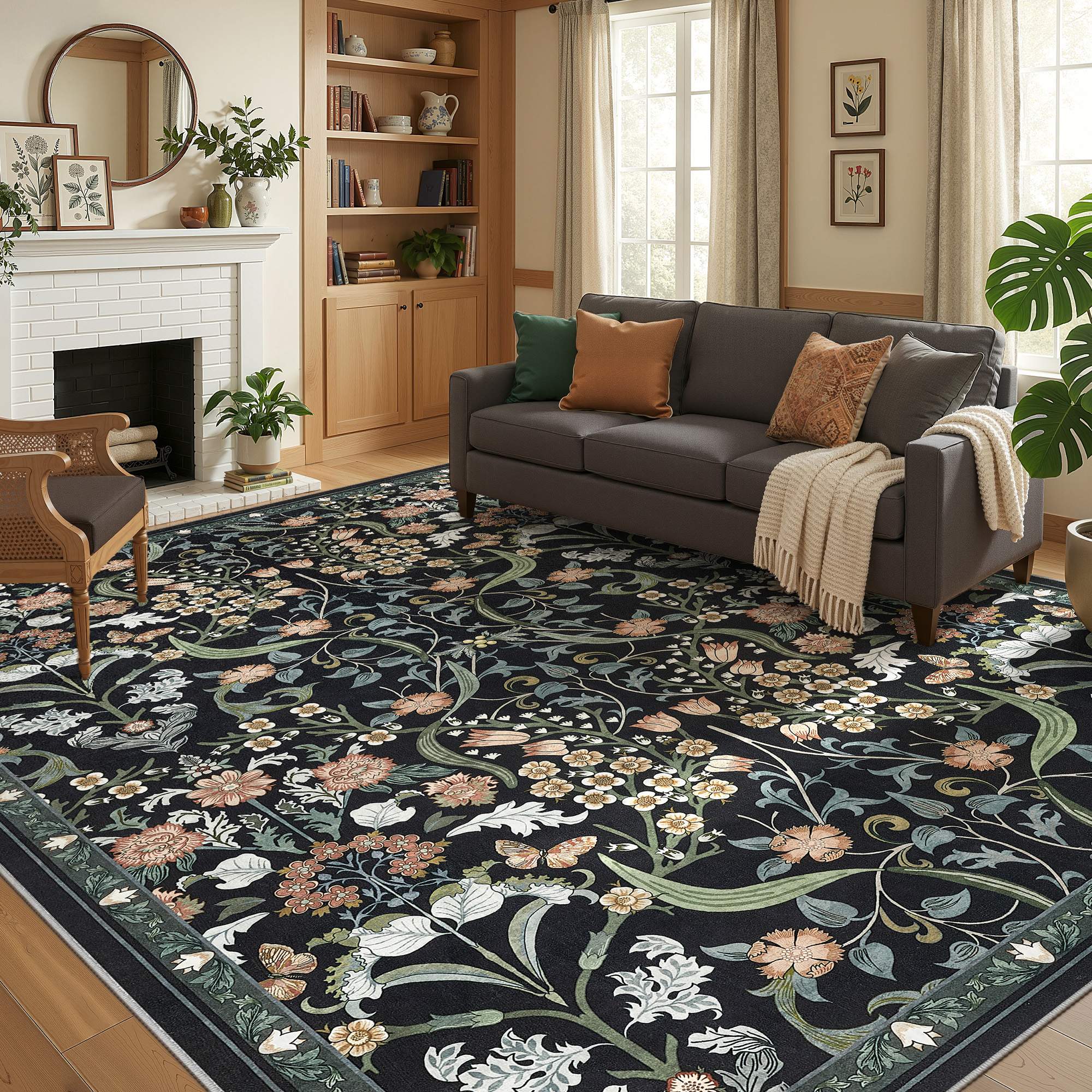 Angle. Yardgrace - 8'x10' ft Floral Bohemian Area Rug, Vintage Washable Printed Boho Carpet for Living Room Bedroom - Black.