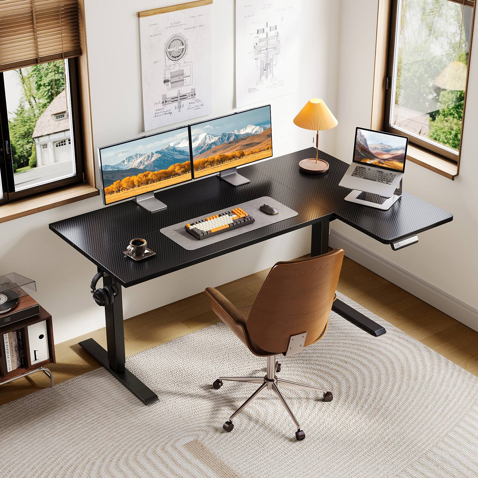 Alt View 1. OffiGo - L Shaped Electric Standing Desk, Height Adjustable Reversible Corner Stand Up Desk for Home Office - Black.