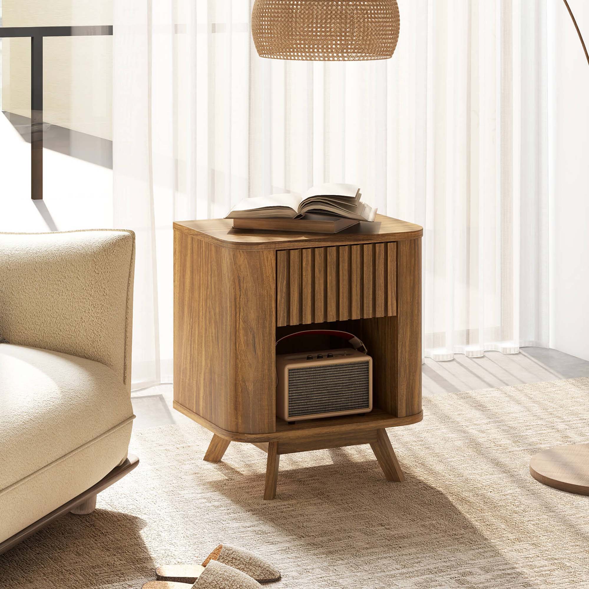 Back. Costway - Costway Wood Nightstand with Drawer & Open Shelf Storage Home Bedside Table for Bedroom - Walnut.