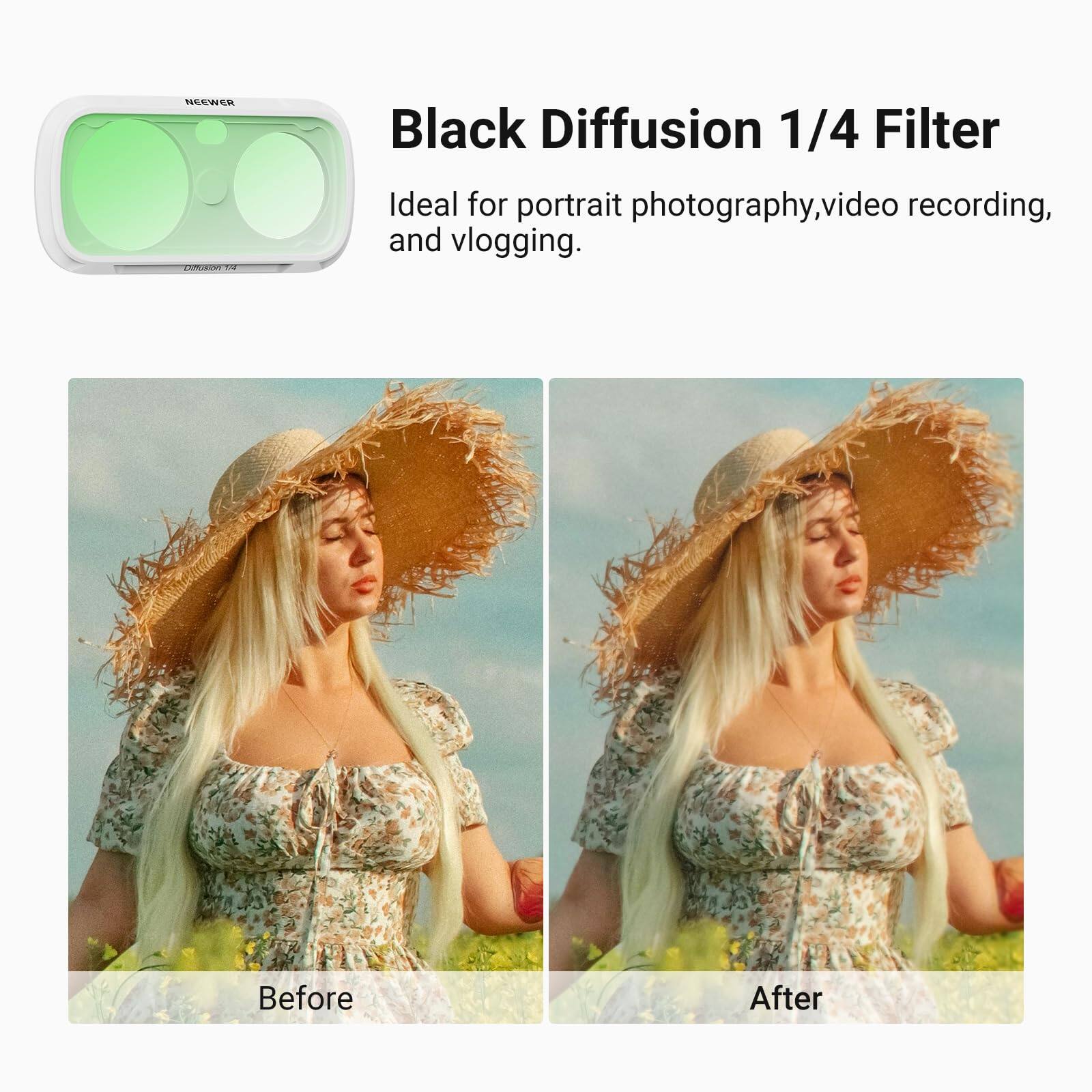 HEEWER Black Diffusion 1/4 Filter  
Ideal for portrait photography, video recording, and vlogging.  
Before After