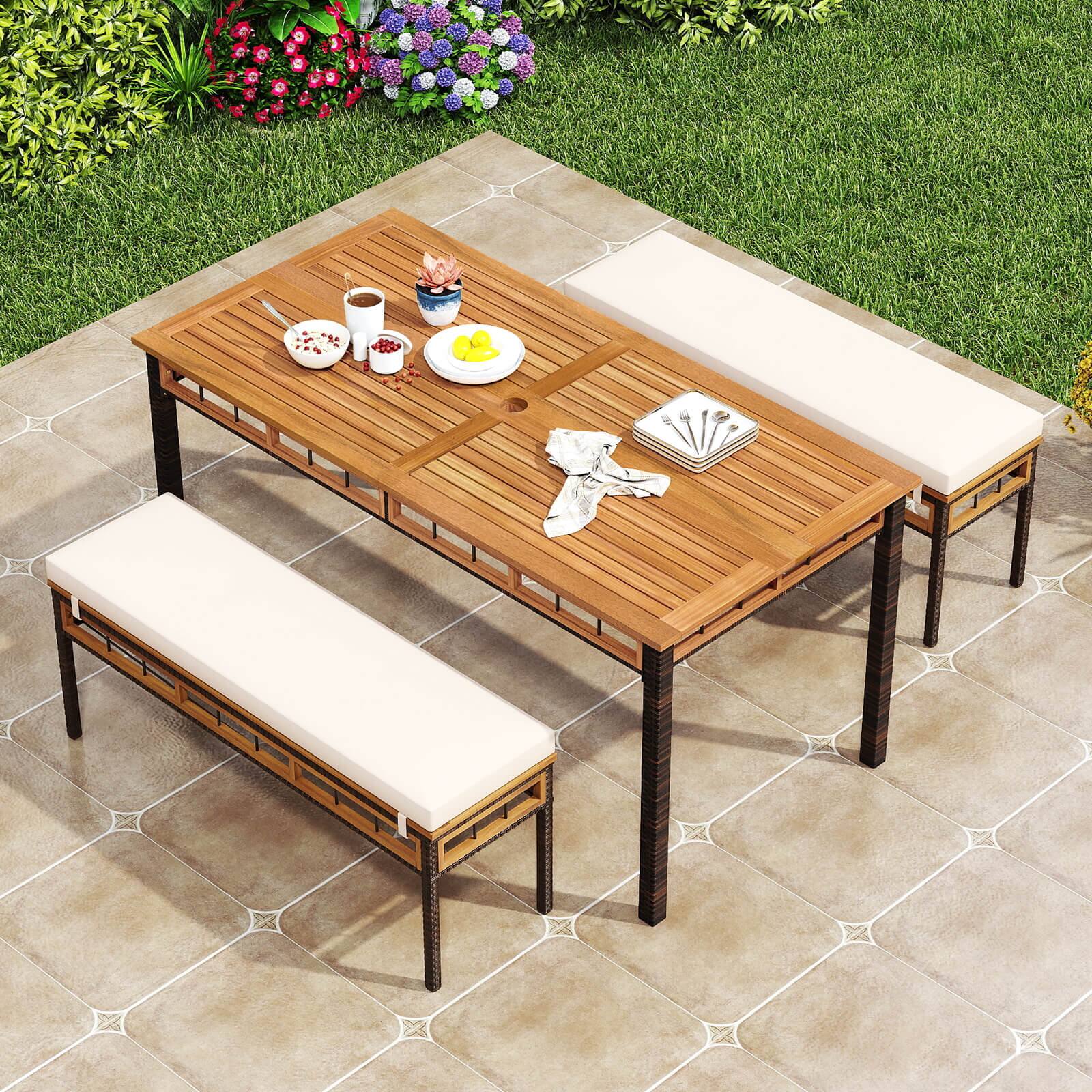 Alt View 3. Costway - Costway 3 PCS Acacia Wood Patio Dining Set with 1.97" Umbrella Hole & Cushions for Garden - Mix Brown.