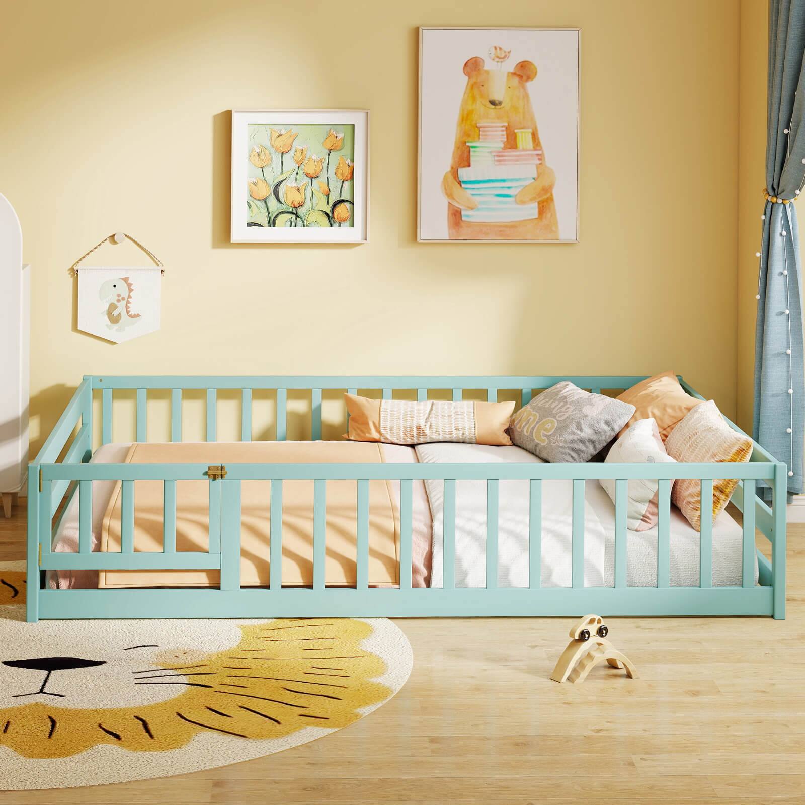 Alt View 4. Costway - Costway Full Size Floor Bed with Full Length Safety Guardrails & Door for Boys, Girls Icy - Icy Aqua.