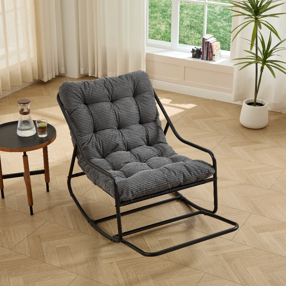 Loheer - Outdoor Rocking Chair with Thick Grey Cushion Modern Metal Frame Patio Seating for Adults Living Room Bedroom - Gray price history on PriceWatchPro