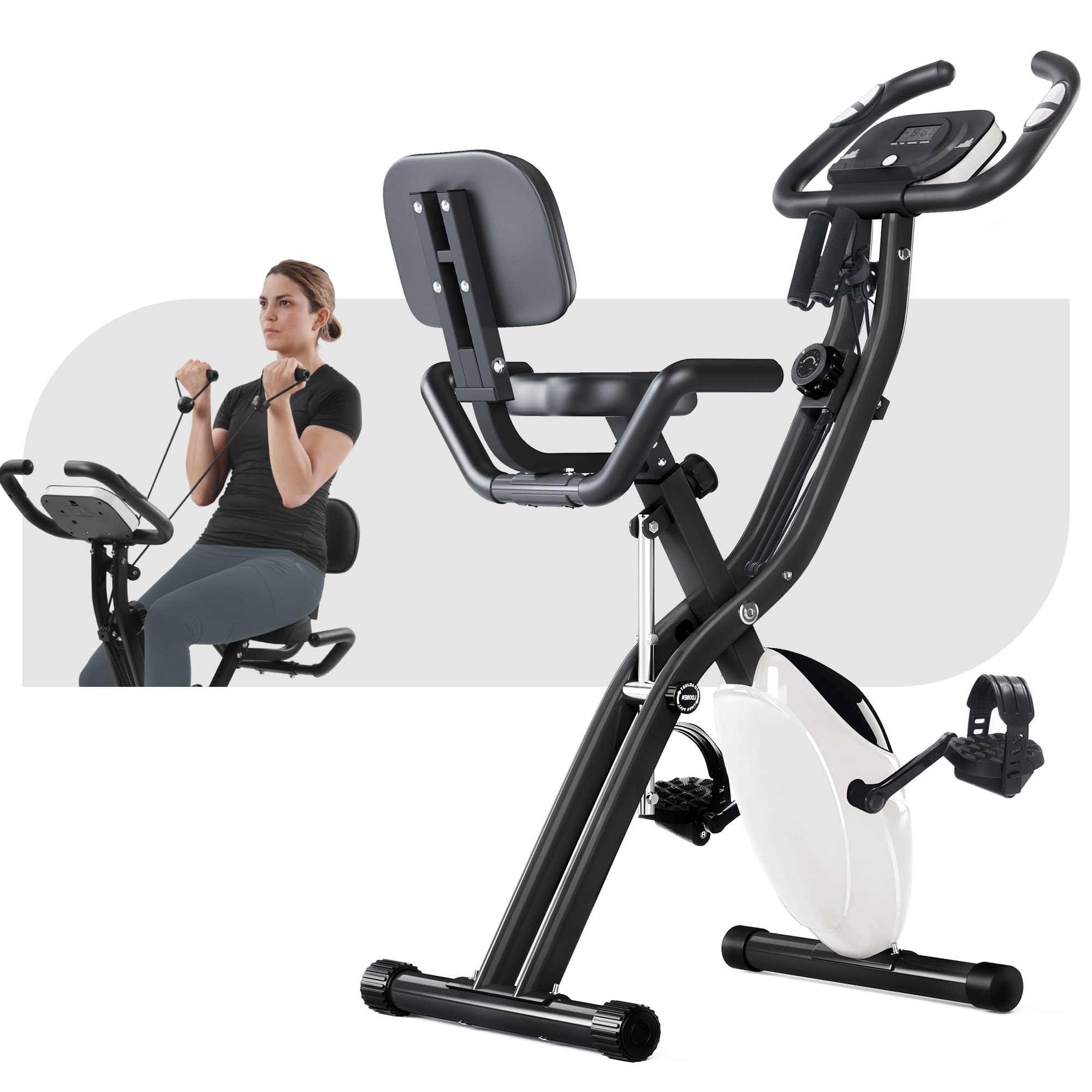 Left. Lycvki - Folding Exercise Bike Fitness Upright and Recumbent X Bike with 16 Level Adjustable Resistance Arm Bands and Backrest - white.