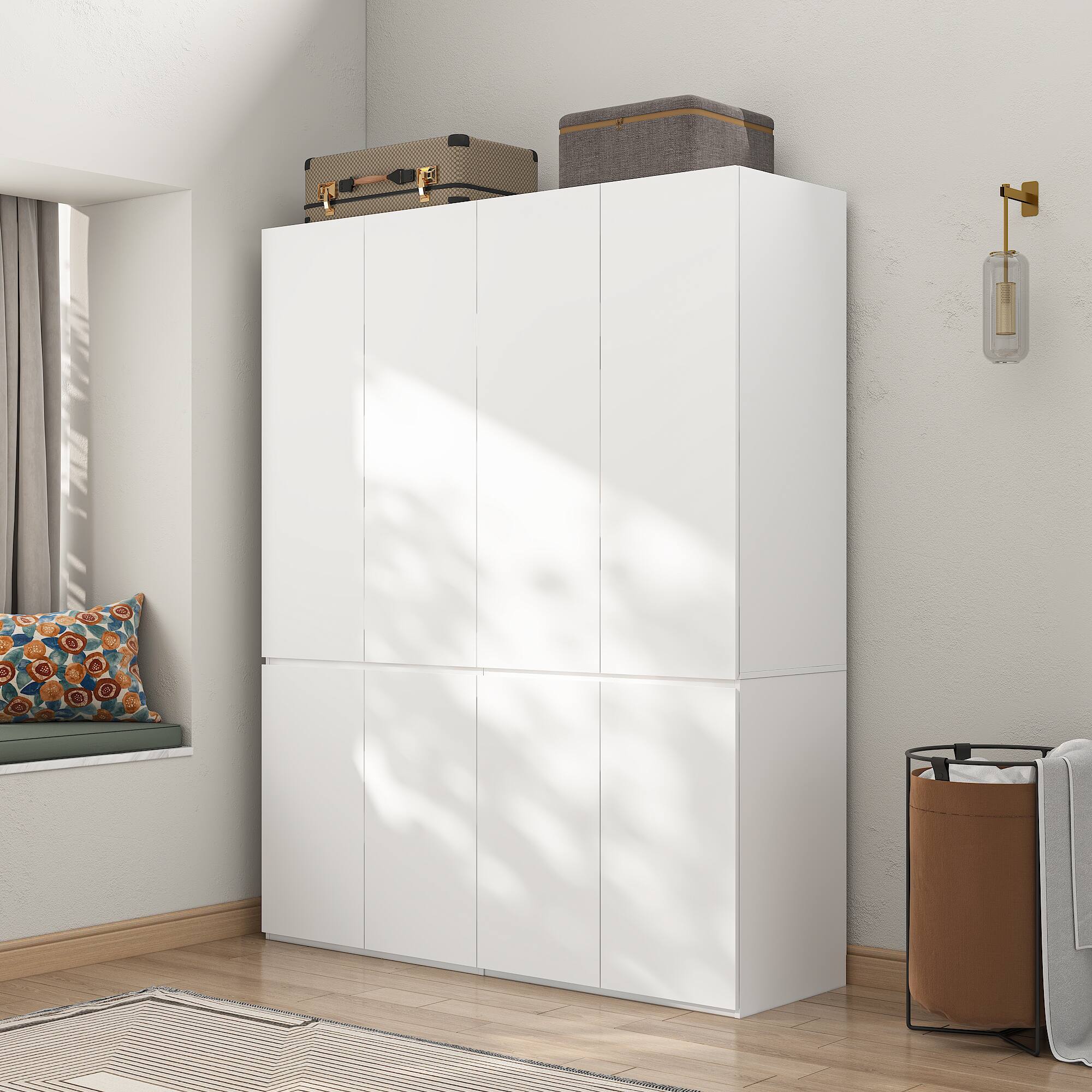 Angle. Famapy - Skin-Feel Finish Eco-Friendly Wardrobe with Multi-Compartment Storage & Hidden Compartments for Bedroom Organization - White.