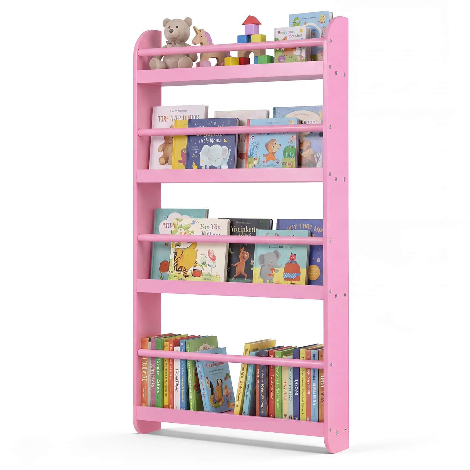 Costway - Kids Bookshelf, 4-Tier Wall Mounted Book Shelf for Toys, Books, Hanging Bookcase - Pink