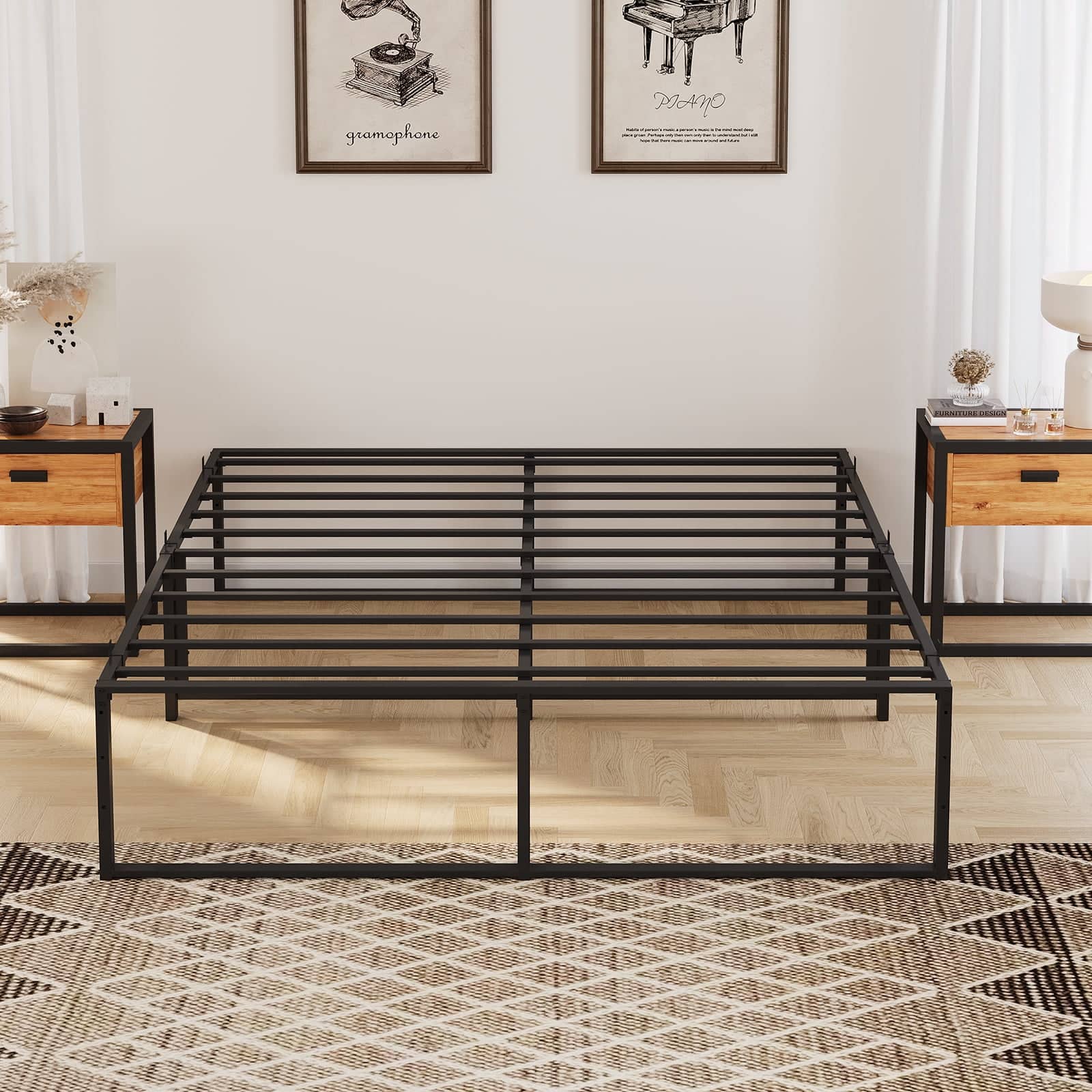 Jojoka - Easy Assembly Full Size Metal Platform Bed Frame Space Saving, for Living Room, Guest Room - Black