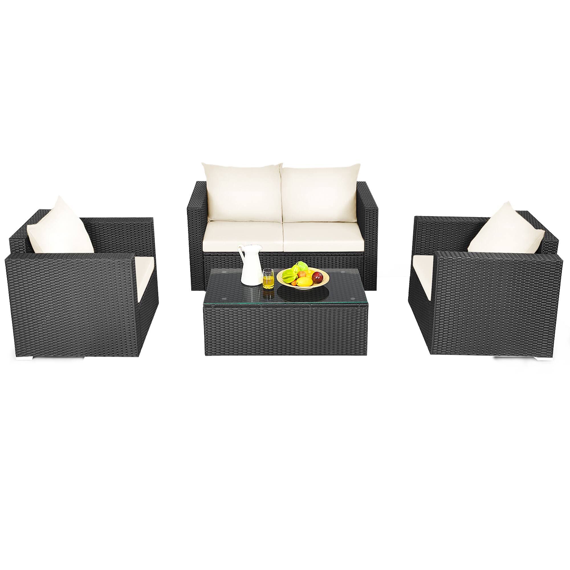 Alt View 1. Gymax - Gymax 4PCS Rattan Patio Conversation Set Outdoor Furniture Set w/ Off White Cushions - Off White.