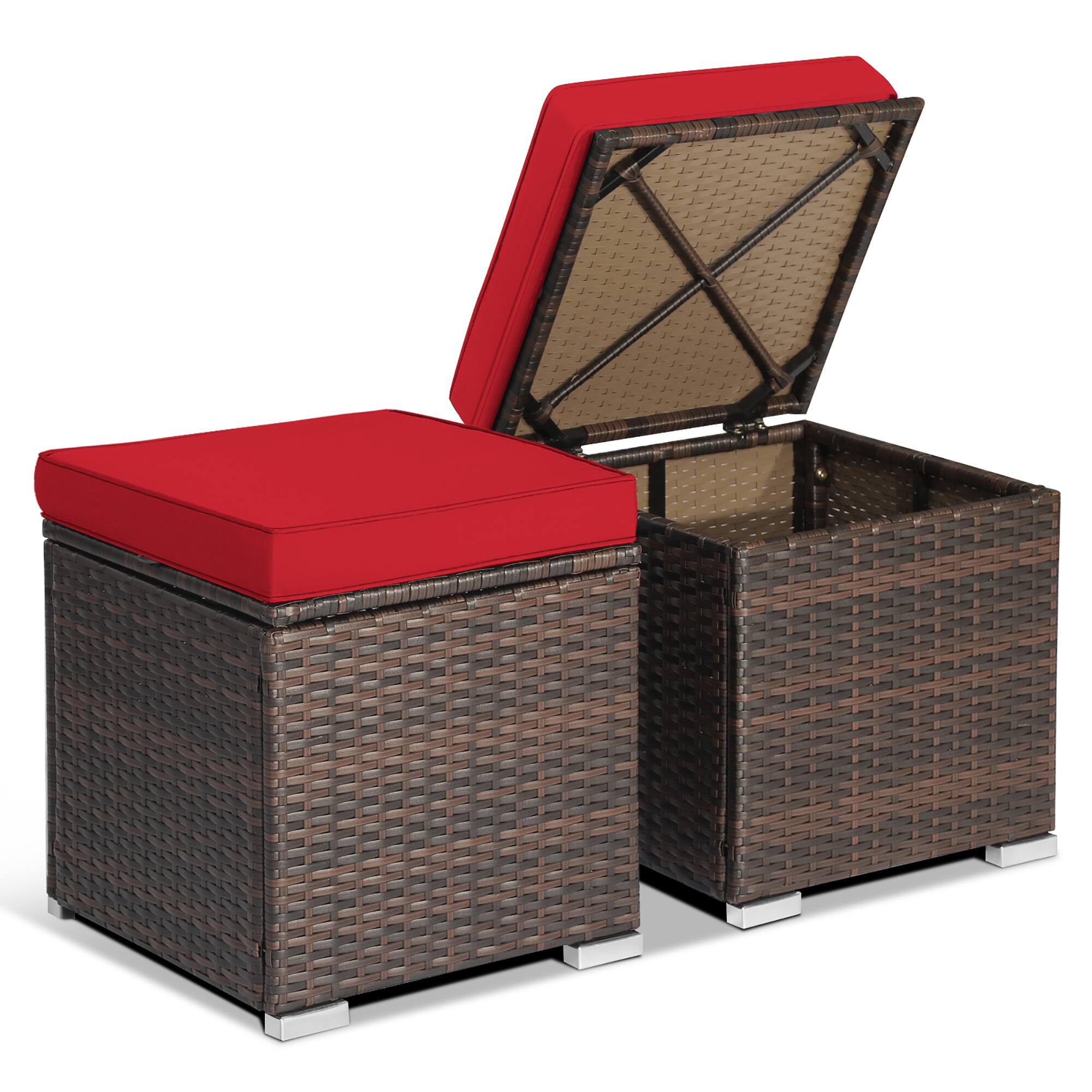 Alt View 8. Gymax - Gymax 2PCS Outdoor Patio Ottomans Hand-Woven PE Wicker Footstools w/ Removable Cushions Red - Red.