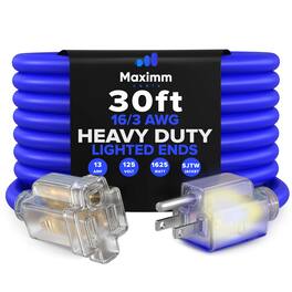 Maximm - 30 Ft Extension Cord – 16 AWG, 3-Prong Grounded, Lighted End, Heavy Duty Indoor/Outdoor Power Cable, ETL Listed - Blue