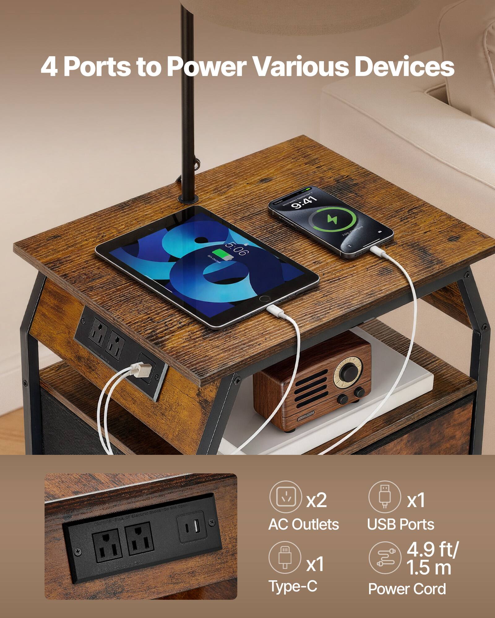4 Ports to Power Various Devices

- 5.06
- 9:41

- x2 AC Outlets
- x1 Type-C
- x1 USB Ports
- 4.9 ft/ 1.5 m Power Cord