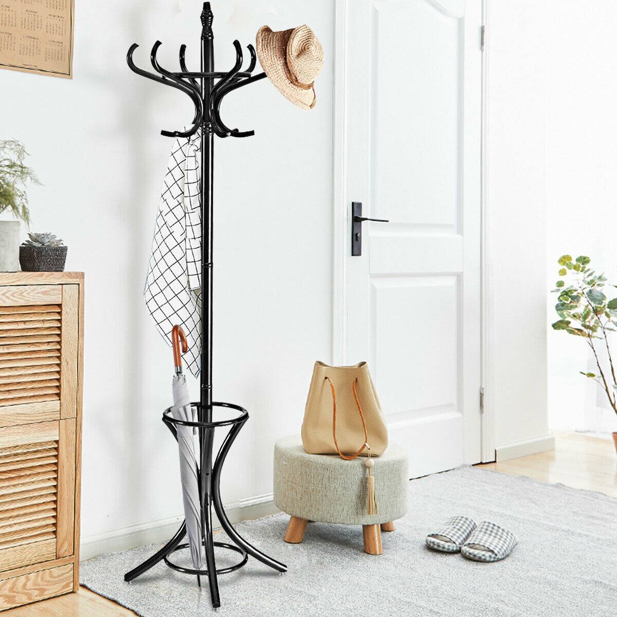 Alt View 2. Gymax - Gymax Wood Standing Hat Coat Rack Jacket Bag Hanger Tree 12 Hooks Black w/ Umbrella Stand - Black.