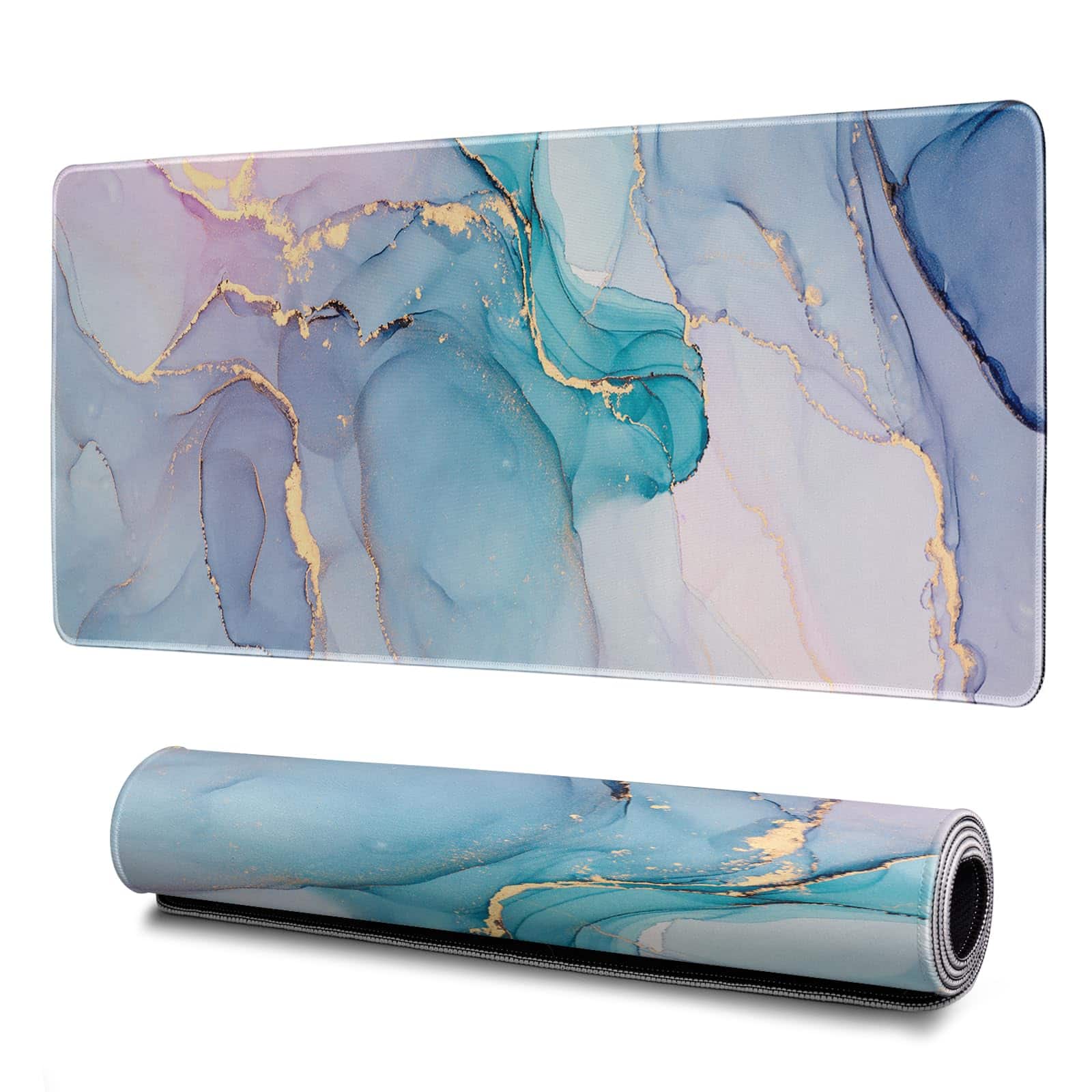Earthley Blooms - Gaming Mouse Pad Abstract Black 31.. Sea Wave Texture Non-slip Rubber Base Large Mousepad Stitched Edges Mat - Teal Marble