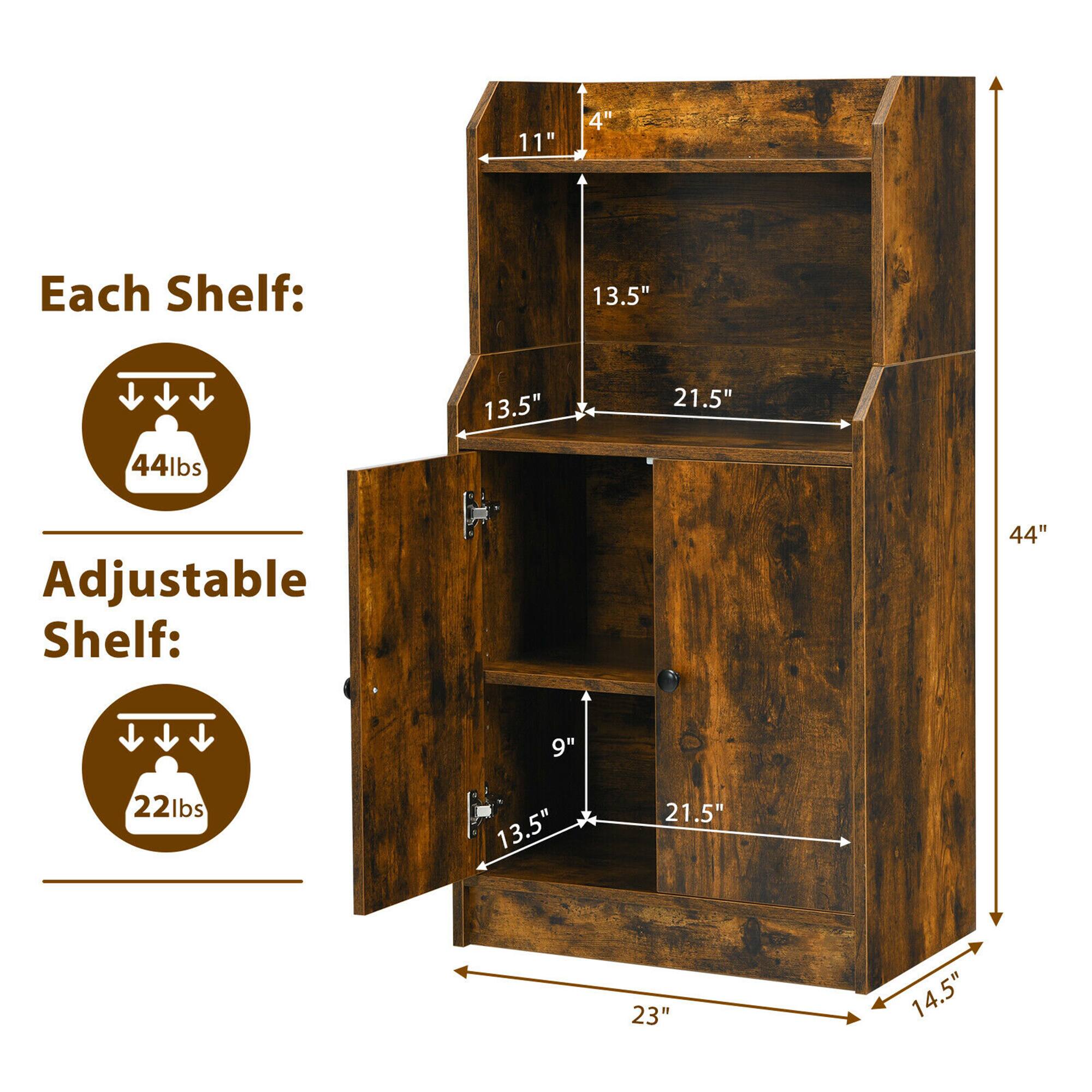 Each Shelf: 11" 4" 13.5" 13.5" 21.5" 44lbs

Adjustable Shelf: 44" 9" 22lbs 13.5" 21.5" 23" 14.5"