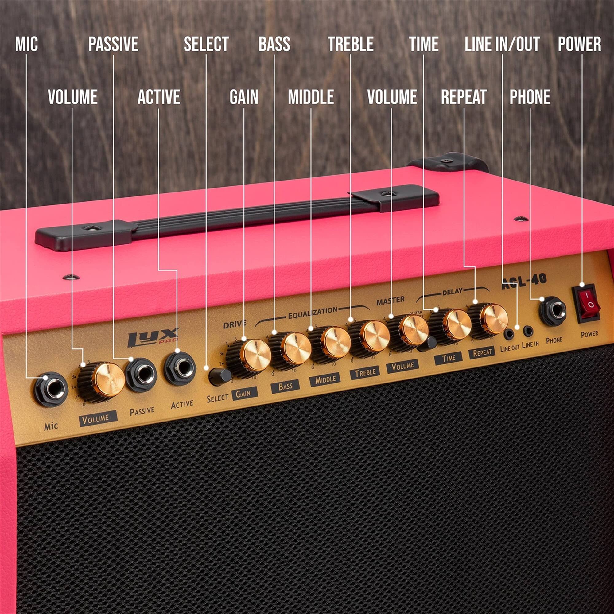 MIC PASSIVE SELECT BASS TREBLE TIME LINE IN/OUT POWER VOLUME ACTIVE GAIN MIDDLE VOLUME REPEAT PHONE Mic DRIV 1x 70E i a a SELECT GAIN ACTIVE PASSIVE VOLUME MASTER EQUALIZATION EQUAL ZATION VOLUME 4 TREBLE MICDLE BASS AGL-40 DELAY N PHONE LINE OUT LINE REPEAT TIME I POWER