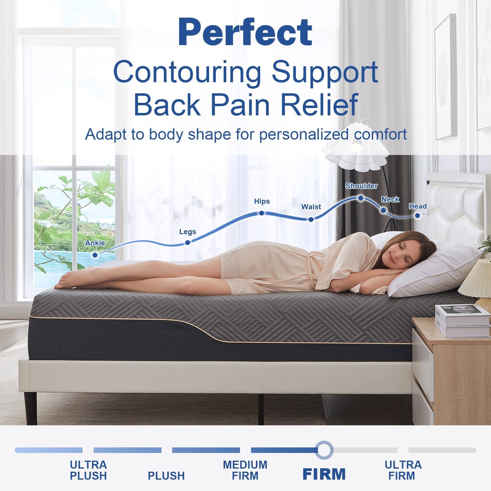Perfect Contouring Support Back Pain Relief  
Adapt to body shape for personalized comfort  

Shoulder  
Hips  
Waist  
Neck  
Head  
Ankle  
Legs  

ULTRA PLUSH  
PLUSH  
MEDIUM FIRM  
FIRM  
ULTRA FIRM