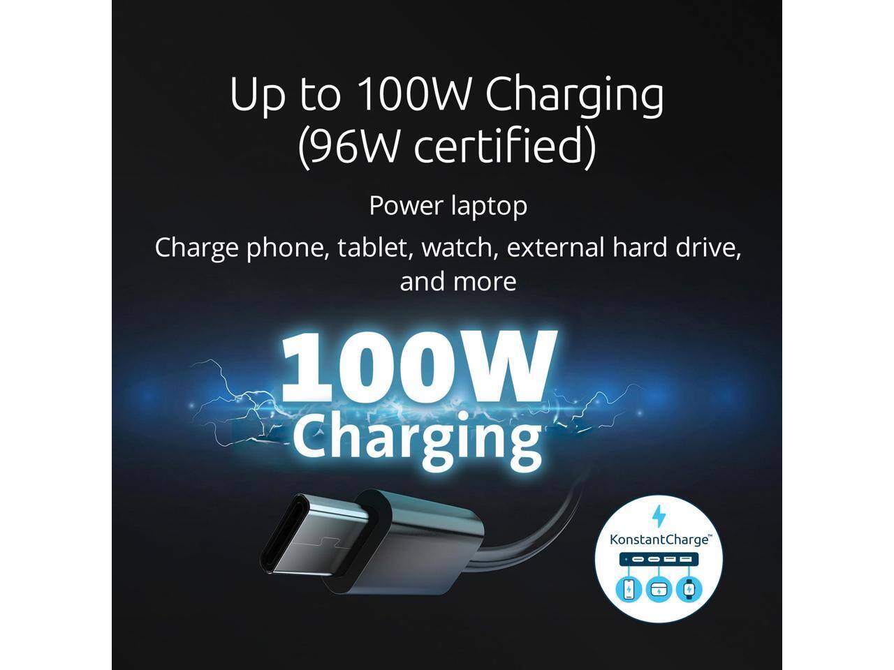 Up to 100W Charging (96W certified)  
Power laptop  
Charge phone, tablet, watch, external hard drive, and more  

100W Charging  

KonstantCharge