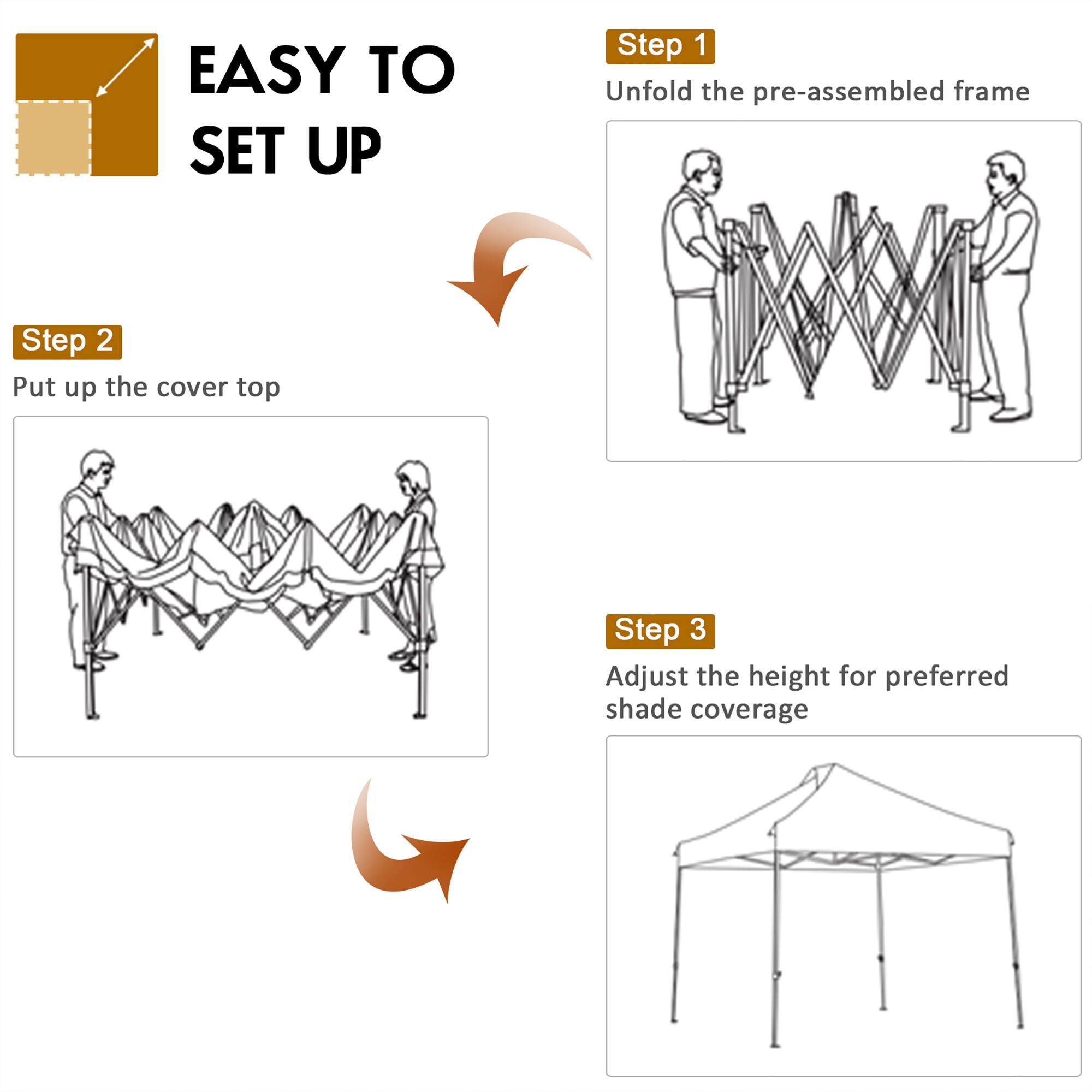 EASY TO SET UP

Step 1  
Unfold the pre-assembled frame

Step 2  
Put up the cover top

Step 3  
Adjust the height for preferred shade coverage