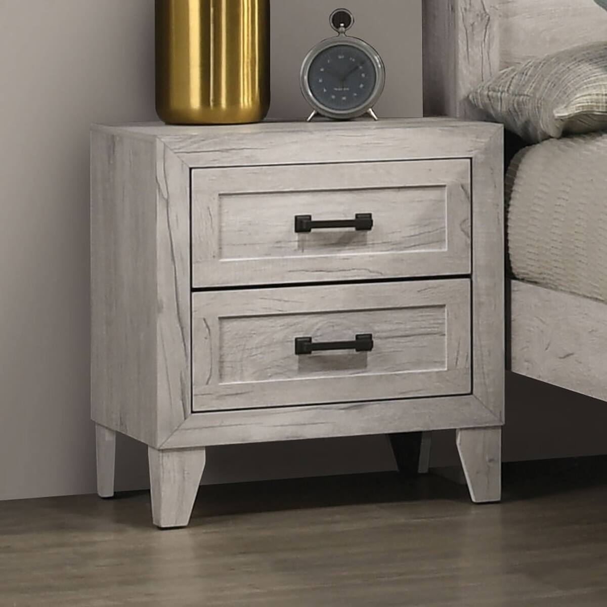 Front. Loheer - Loheer White Wash Nightstand with Two Drawers and Black Metal Handles - White Washed.