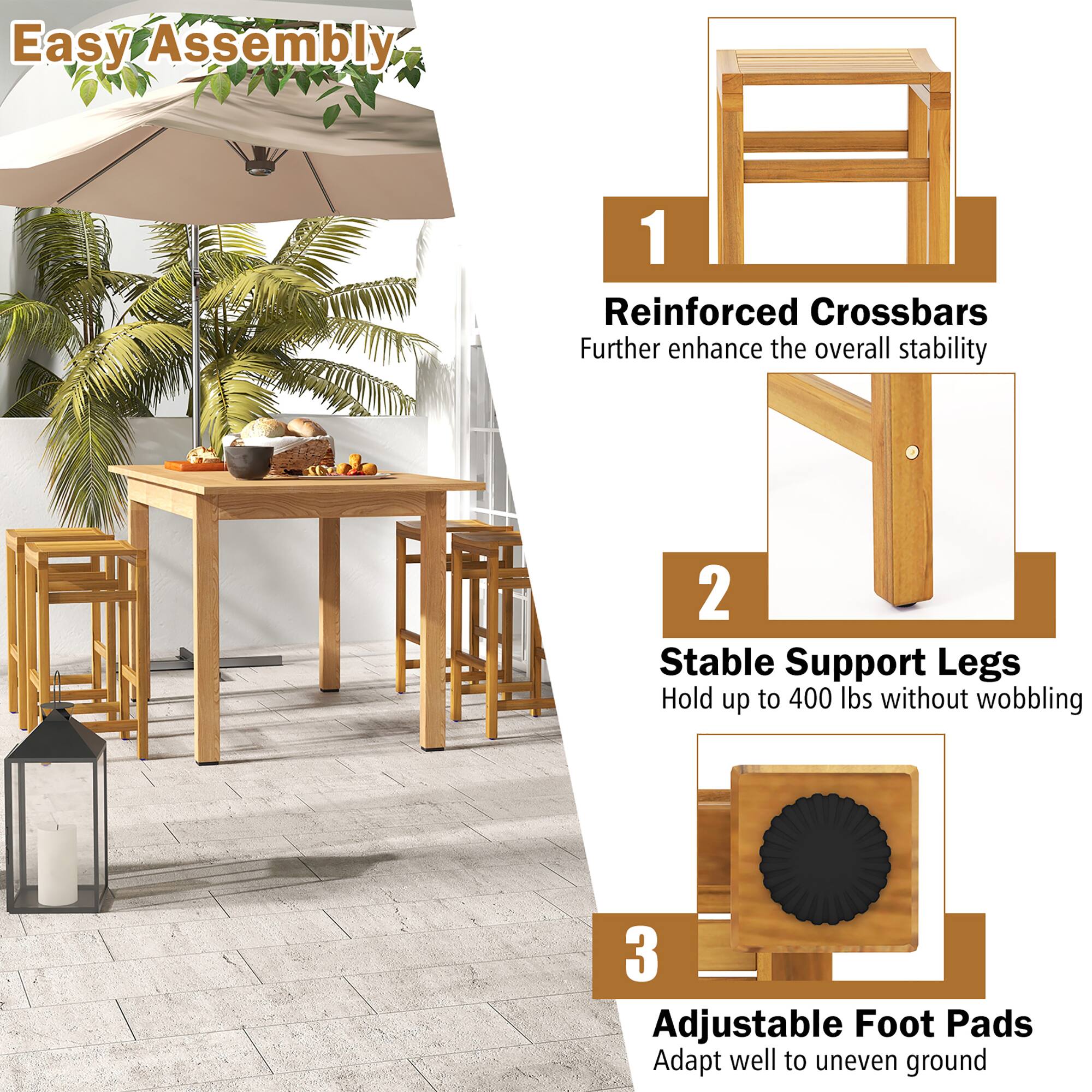 Easy Assembly

1. Reinforced Crossbars  
   Further enhance the overall stability

2. Stable Support Legs  
   Hold up to 400 lbs without wobbling

3. Adjustable Foot Pads  
   Adapt well to uneven ground