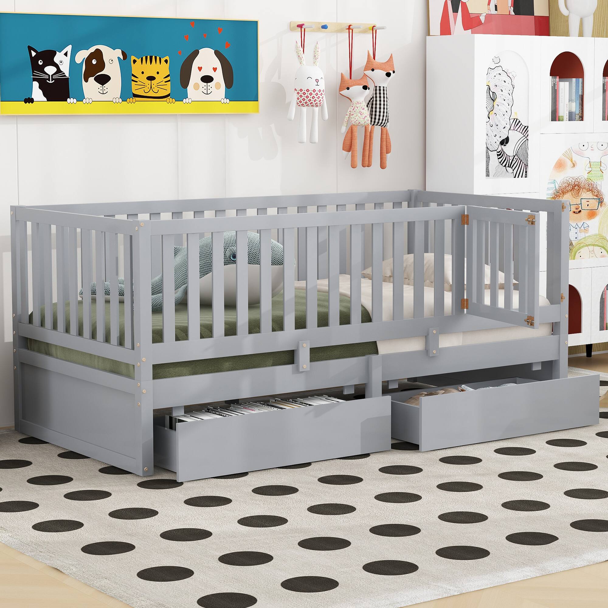 Front. Tiramisubest - Twin Size Wood Daybed with Fence Guardrails and 2 Drawers, Split into Independent Floor Bed & Daybed, Gray - Gray.