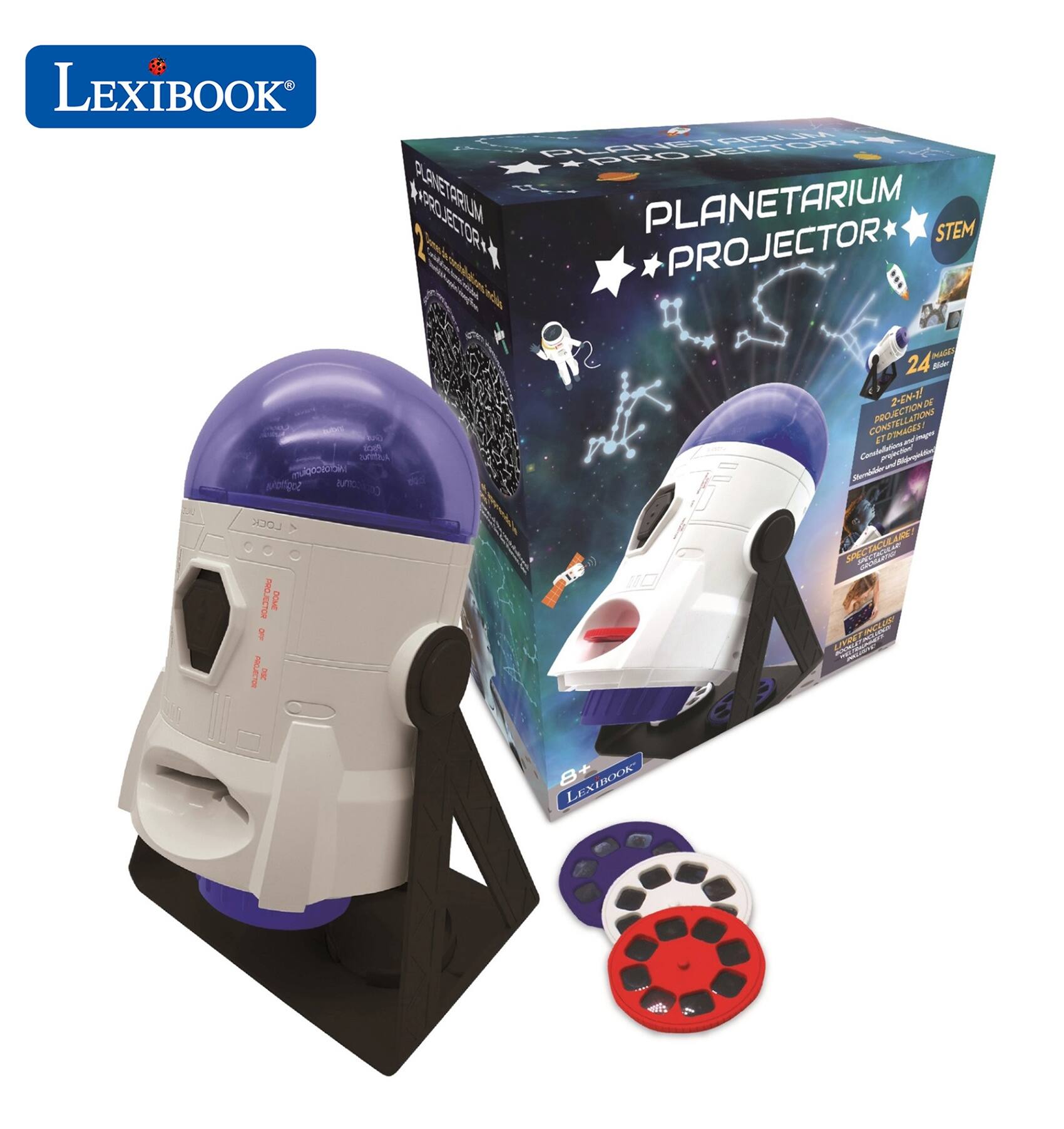 LEXIBOOK PLANETARIUM PROJECTOR STEM esin PROJECTOR N° 1 (g A ROEH Ay 24 - 2-06 2 PROJECTION E ET STEMGE - C - ManawRigngtaltng Mdo - ECAICAN n ORO PNCA I 8+ EXIBOOK I