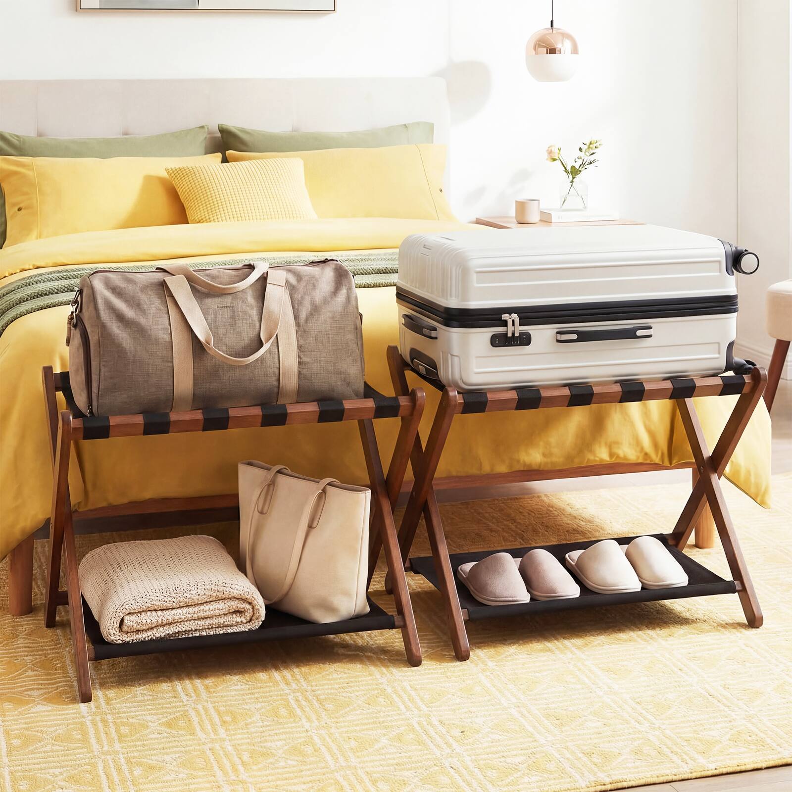 Alt View 4. Costway - Costway 2 PCS Luggage Rack, Solid Rubberwood Suitcase Stand with Nylon Shelves, Portable - Black + Brown.