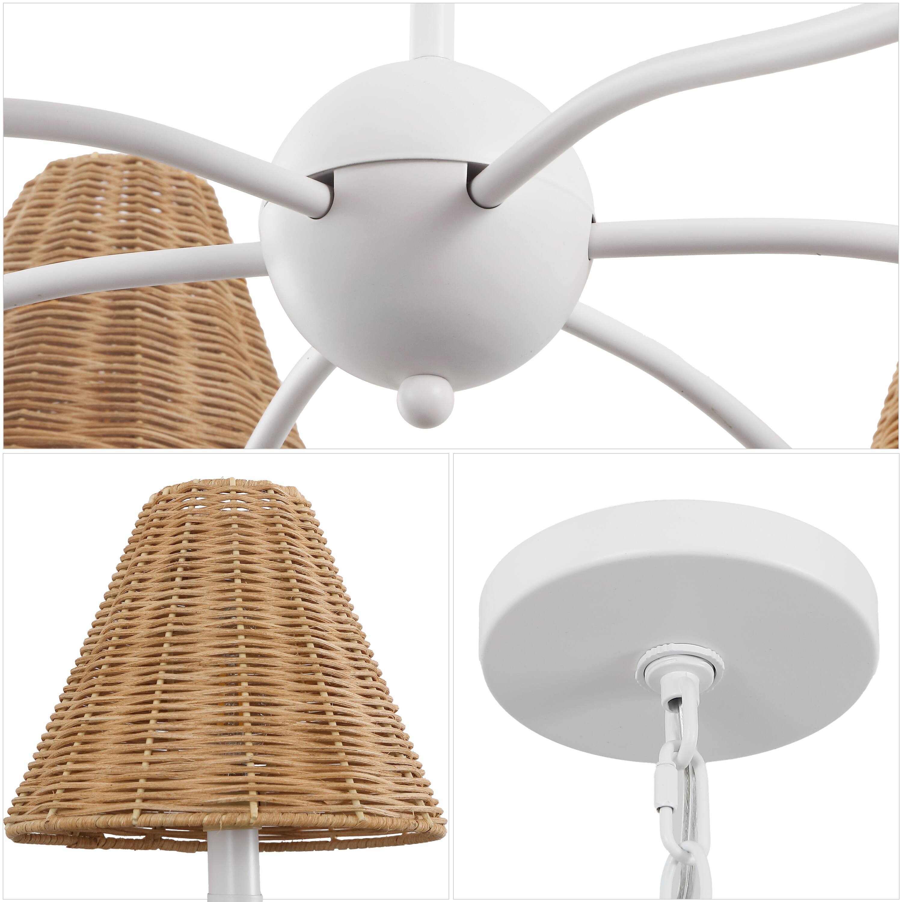 Alt View 4. Jonathan Y - Grady 35" 6-Light Grand Adjustable Swooping Arm Metal with Hand-Woven Rattan Shades LED Chandelier, White/Brown - White.