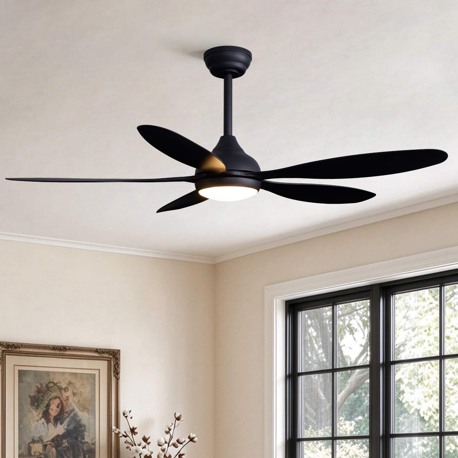 Siljoy - 52 Inch 5 Blade Modern Ceiling Fan with Dimmable LED Light Remote and App Control for Bedroom Living Room - Matte Black