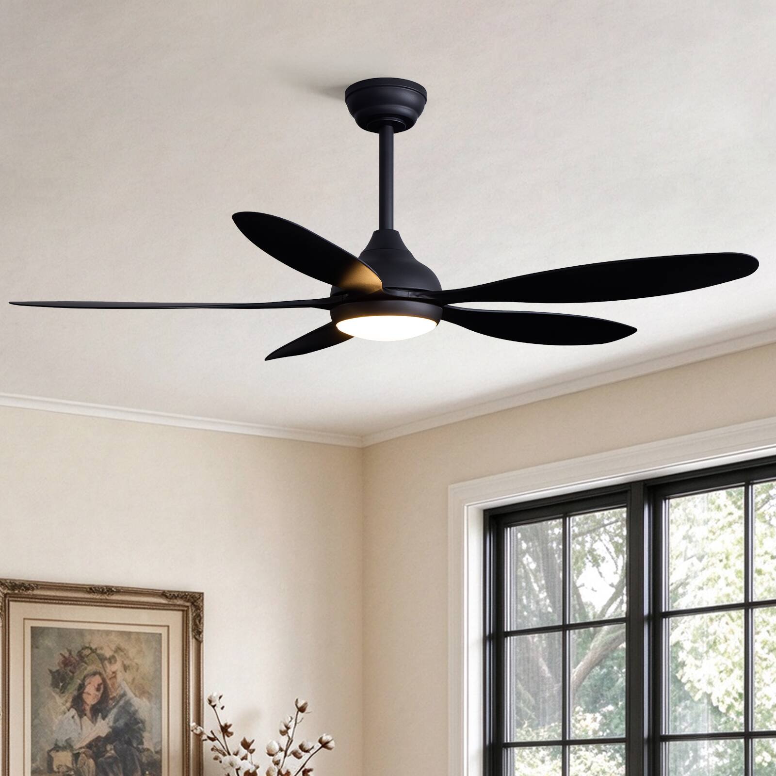 Siljoy - 52 Inch 5 Blade Modern Ceiling Fan with Dimmable LED Light Remote and App Control for Bedroom Living Room - Matte Black