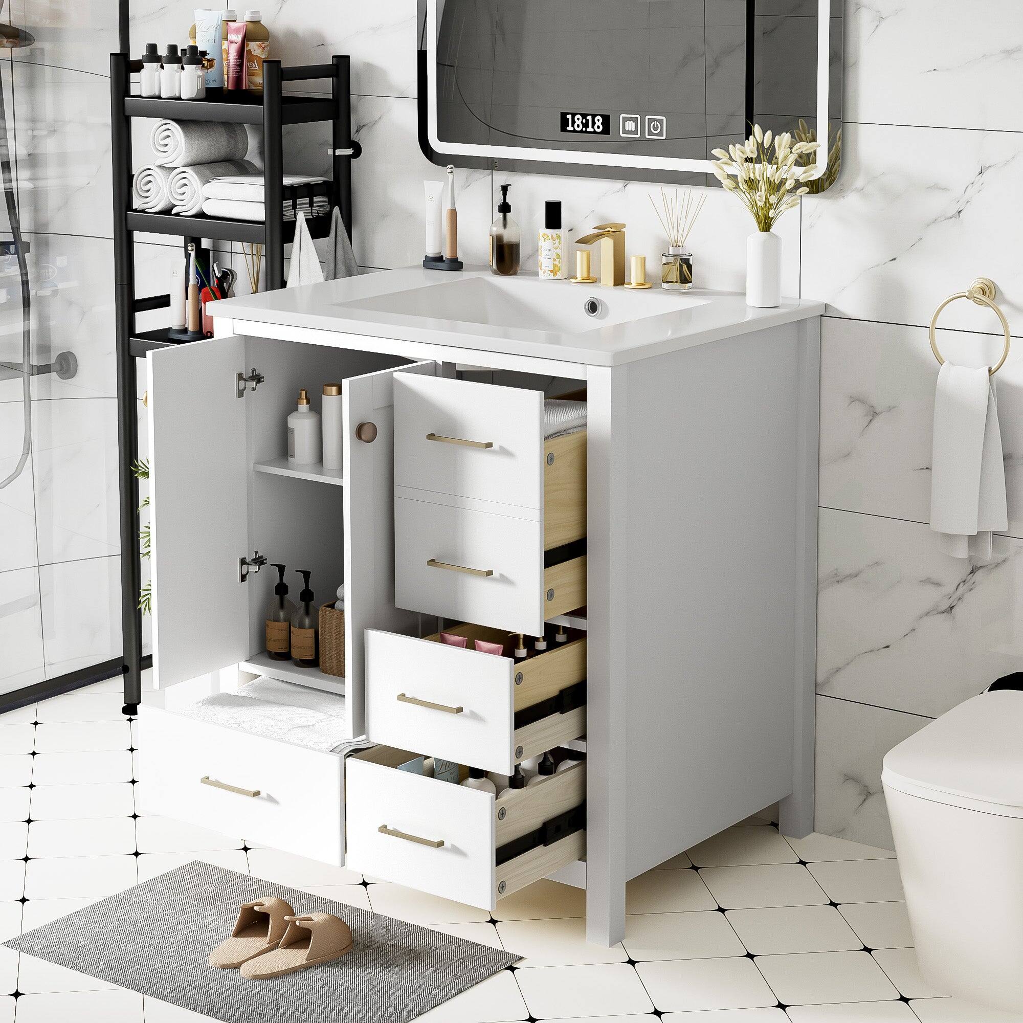 Alt View 2. Boyel Living - 30 Inch Modern Bathroom Vanity White with Ceramic Sink 4 Drawers 1 Cabinet - White.