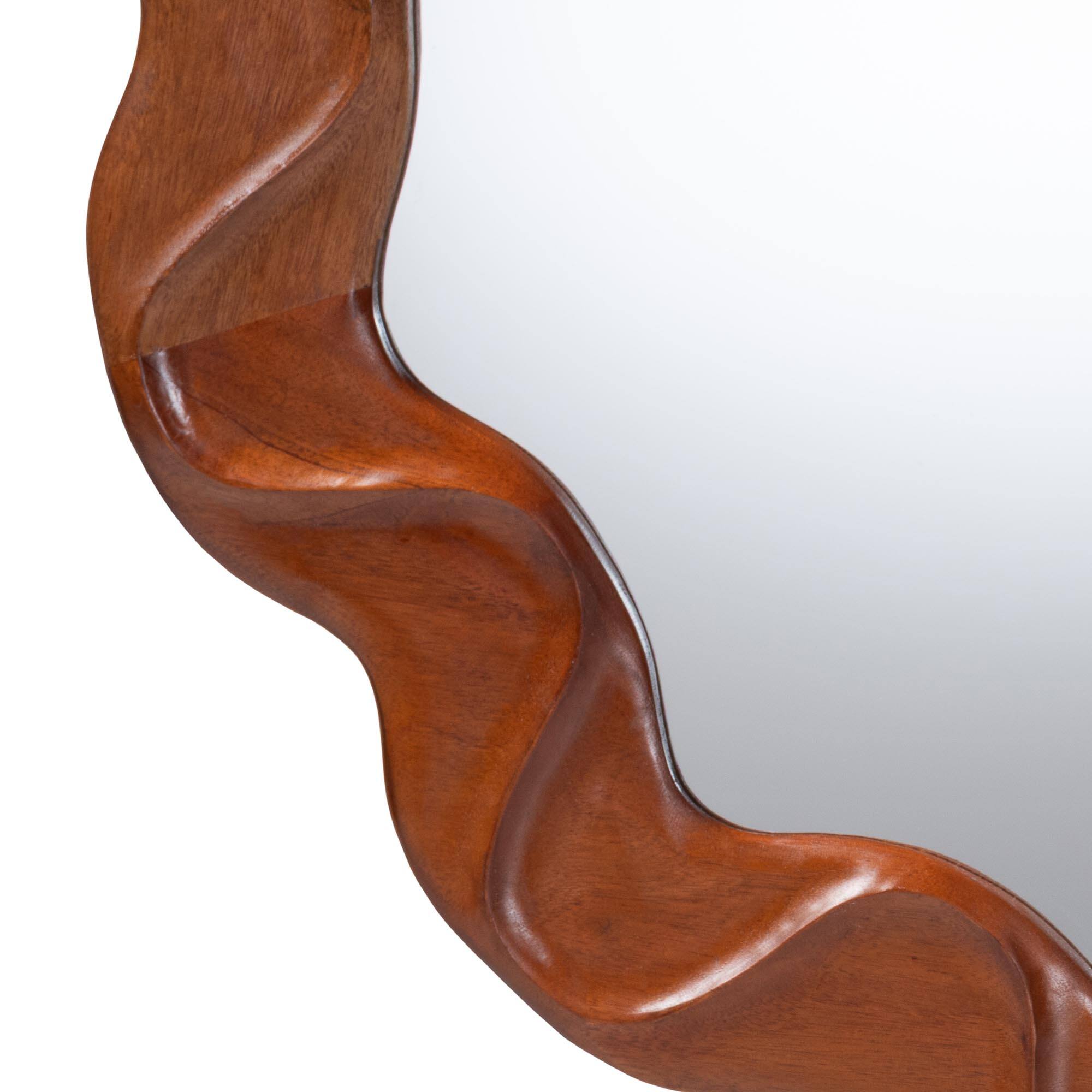Angle. bali & pari - Bahati Round Wall Mirror with Sculpted Wavy Frame - Decorative Accent Mirror for Entryway, Bedroom, or Living Room - Mahogany Brown.