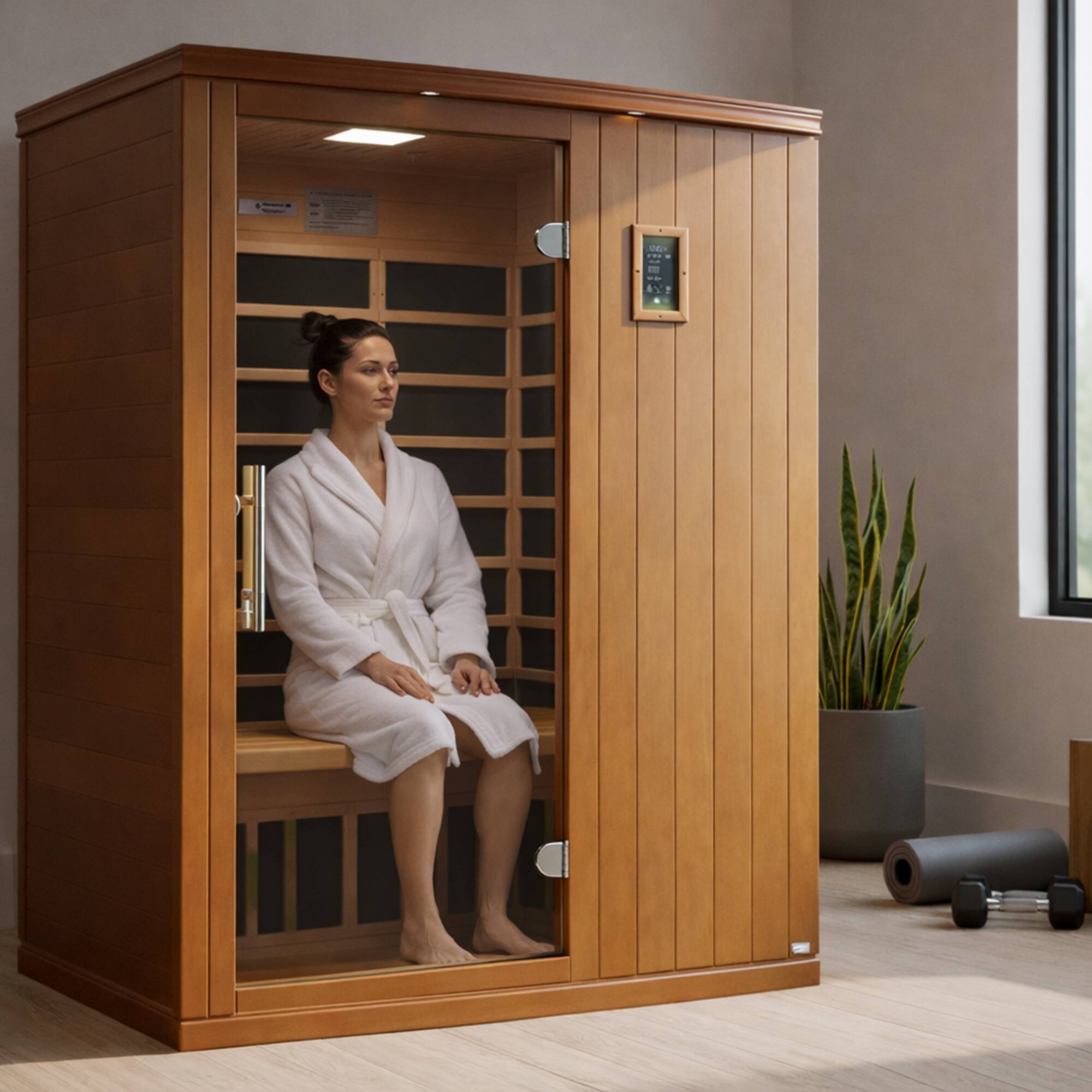 Alt View 8. Dynamic Saunas - Dynamic Saunas Madrid Elite 3 Person Ultra Low EMF Infrared Lighting Home Sauna - Natural Stain Finish.