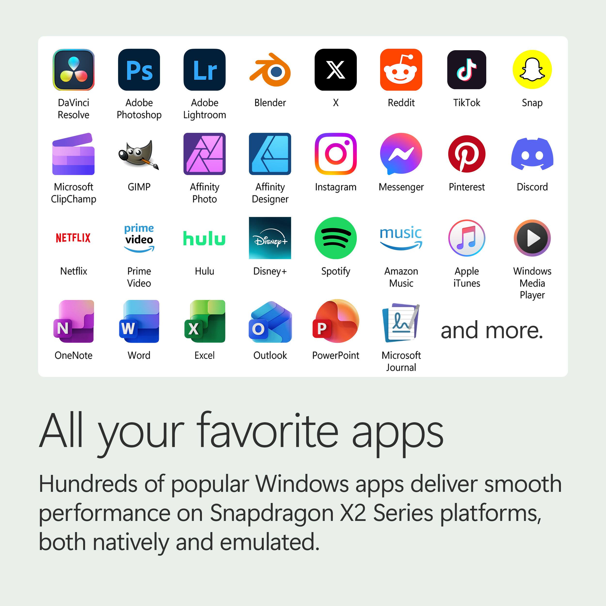 Ps Lr DaVinci Resolve Adobe Photoshop Lightroom Blender X Reddit TikTok Snap Microsoft ClipChamp GIMP Affinity Photo Affinity Designer Instagram Messenger Pinterest Discord NETFLIX Prime Video Hulu Disney+ Spotify Amazon Music Apple iTunes Windows Media Player OneNote Word Excel Outlook PowerPoint Microsoft Journal and more. All your favorite apps Hundreds of popular Windows apps deliver smooth performance on Snapdragon X2 Series platforms, both natively and emulated.