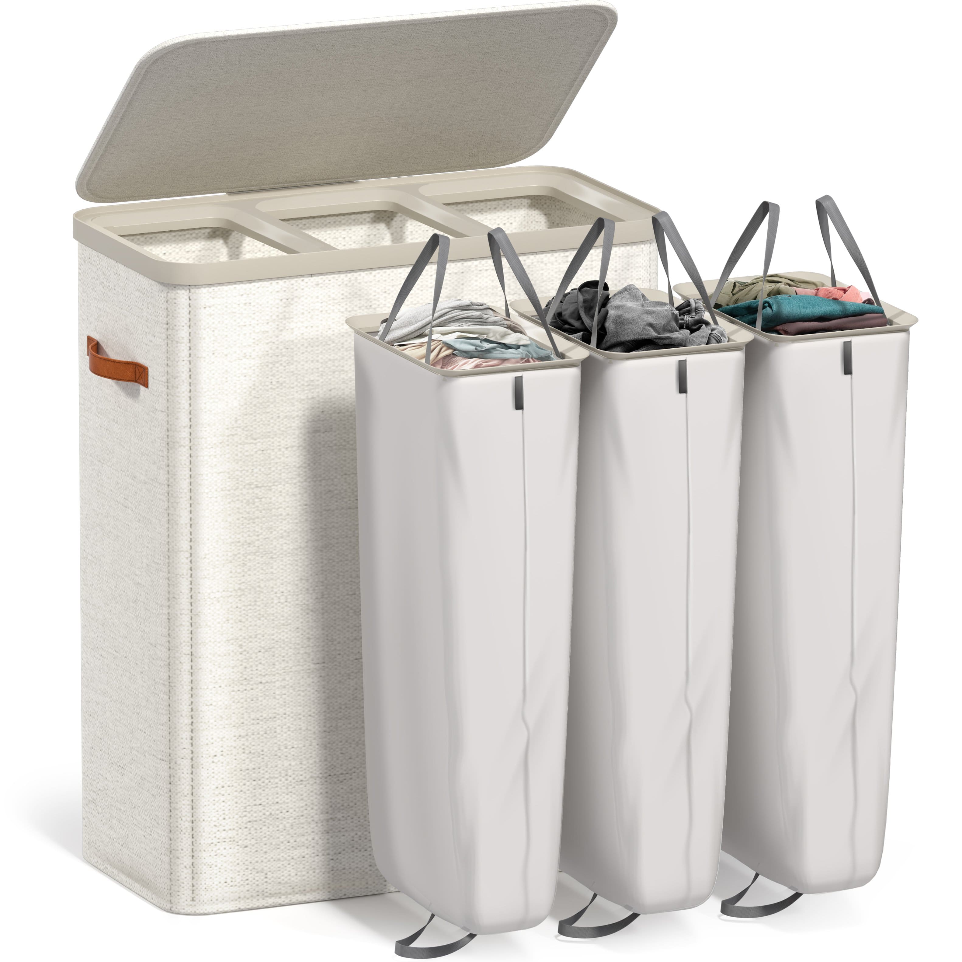 Sorbus - Fabric Laundry Hamper, Collapsible 3-Compartment Laundry Basket with Removable Laundry Bag - Beige