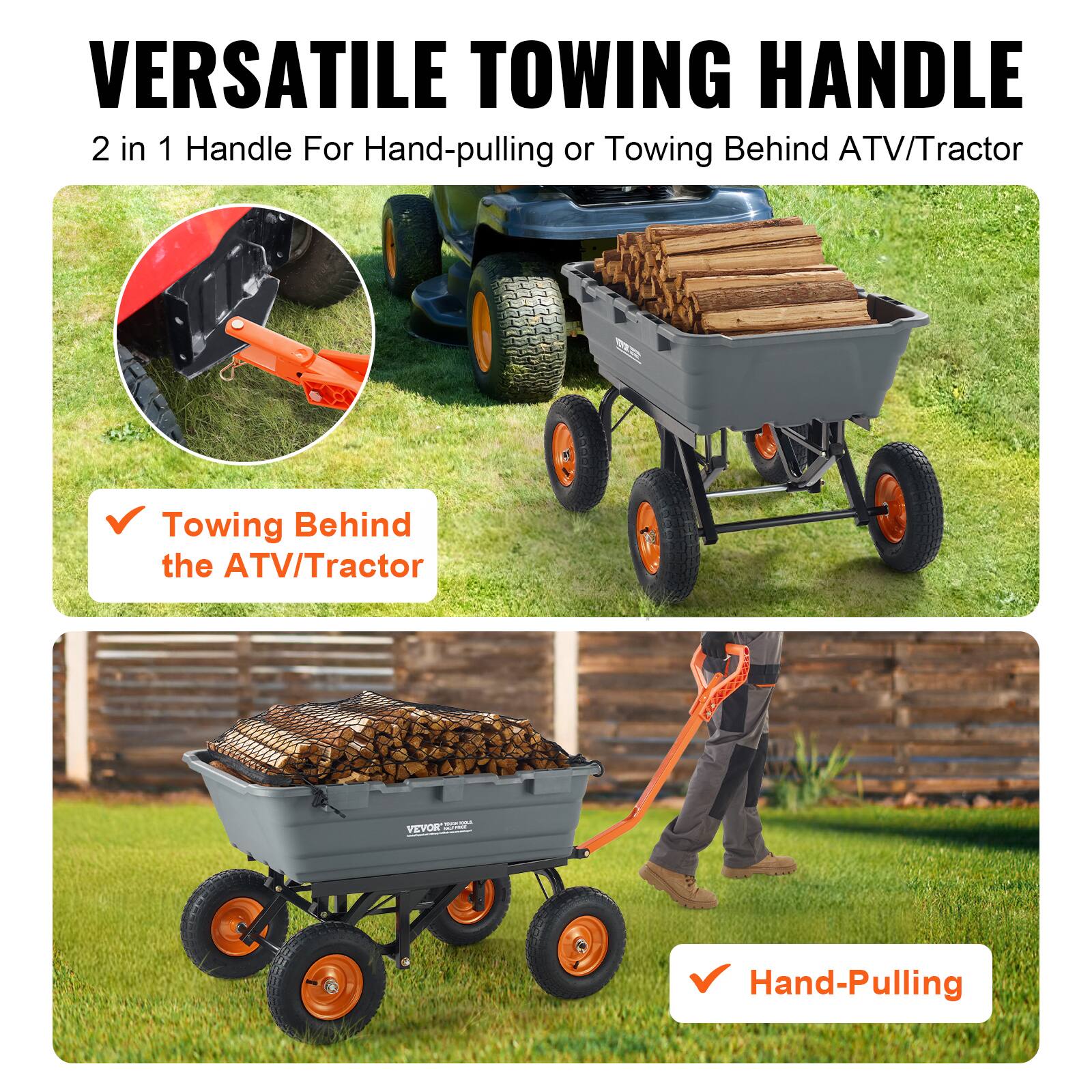 VERSATILE TOWING HANDLE 2 in 1 Handle For Hand-pulling or Towing Behind ATV/Tractor - Towing Behind the ATV/Tractor - Hand-Pulling