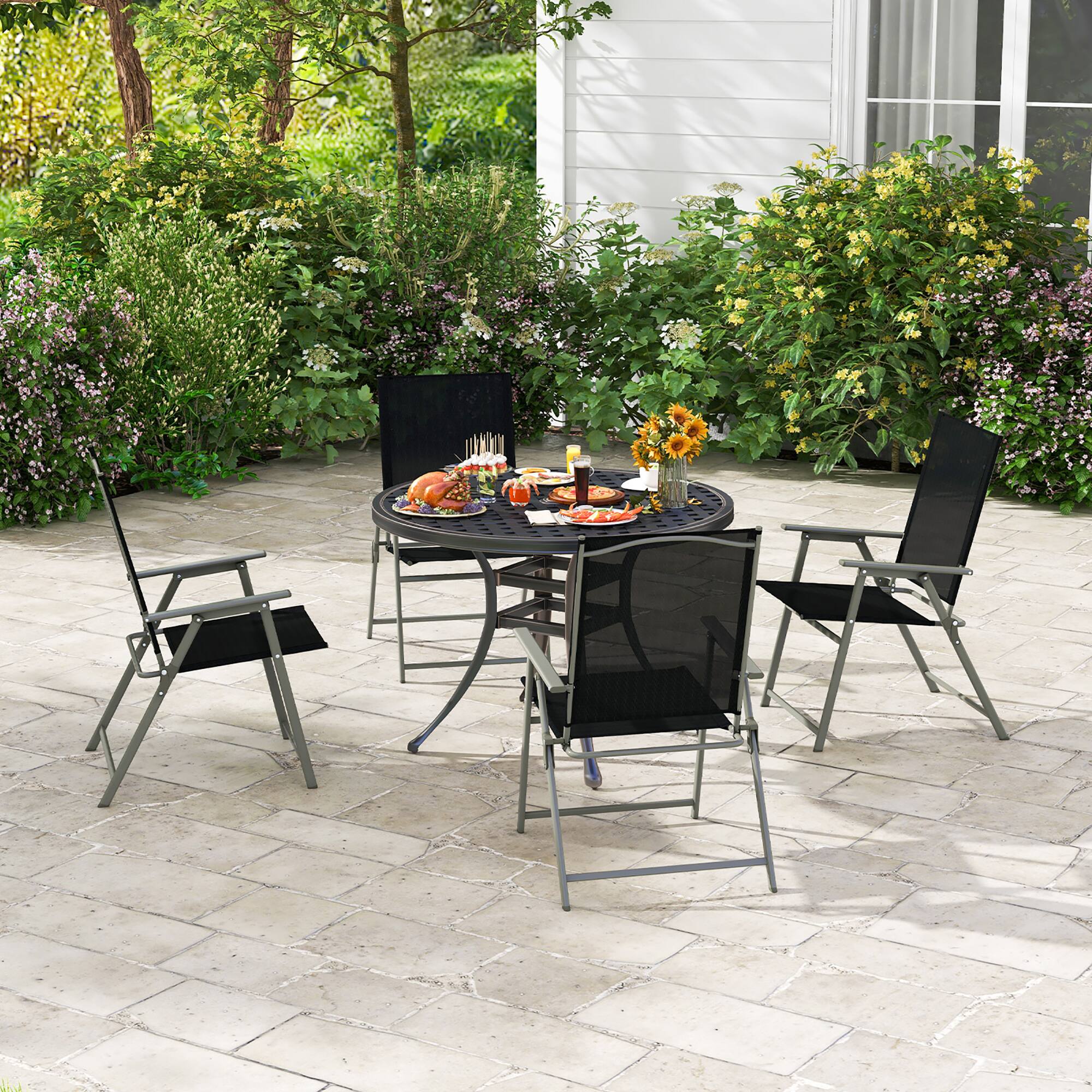 Alt View 1. Costway - Costway 4pcs Patio Folding Portable Dining Chairs Metal Frame Armrests Garden - Black,Grey.